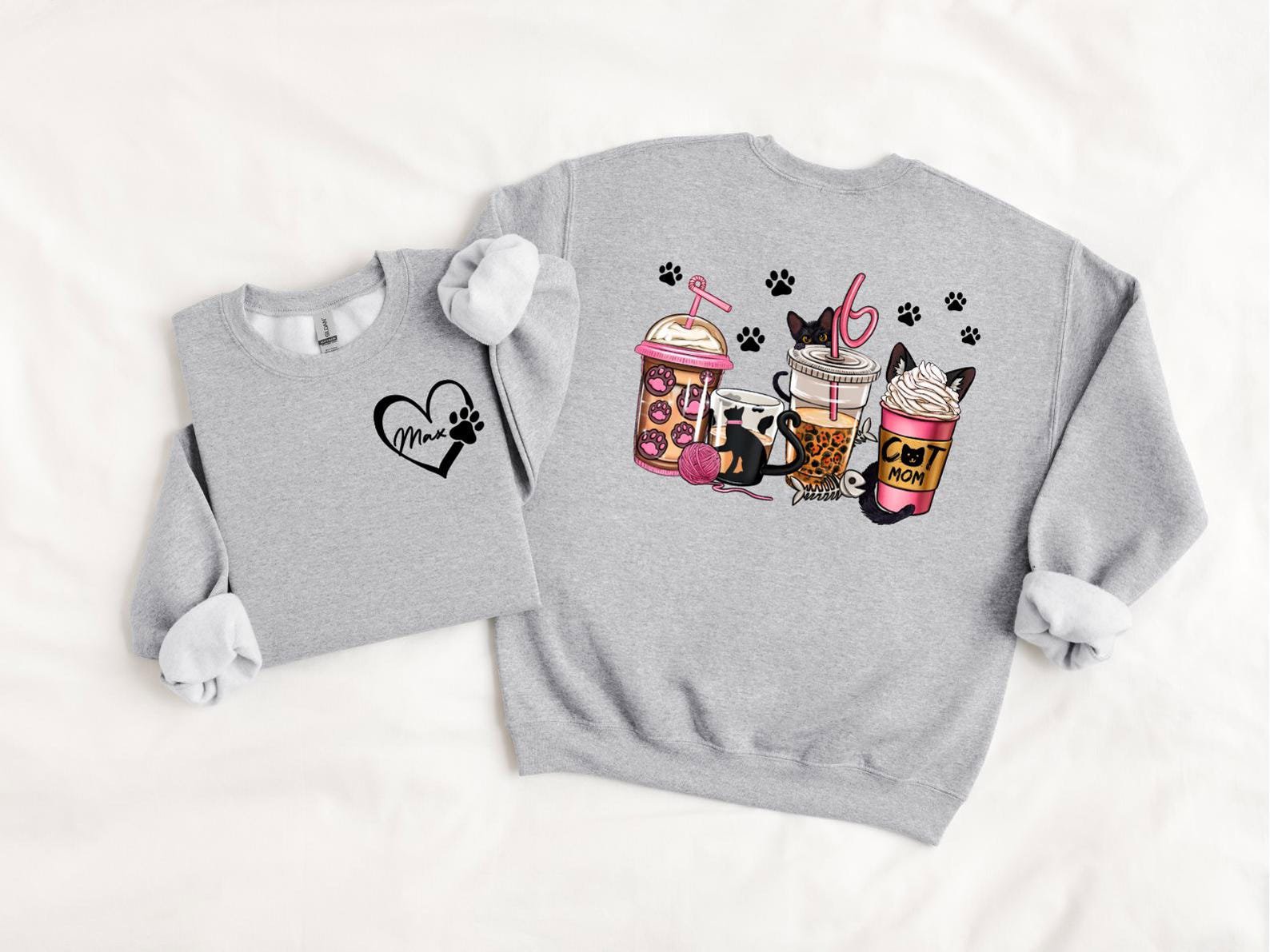 Custom Cat Mom Sweatshirt, Coffee Lover Cat Mom Shirt, Personalized Front Name Back Design, Cute Pet Lover Gift for Her, Cozy Cat Mama Top 4
