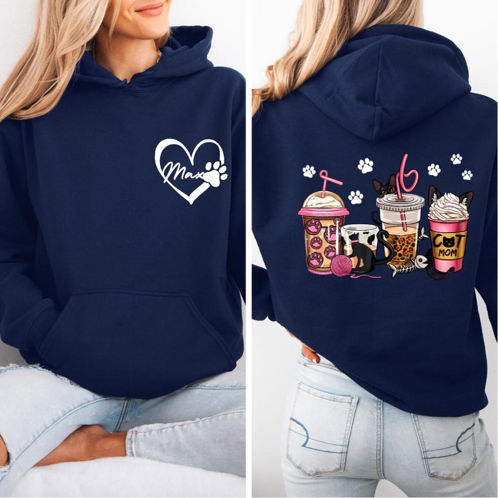 Custom Cat Mom Sweatshirt, Coffee Lover Cat Mom Shirt, Personalized Front Name Back Design, Cute Pet Lover Gift for Her, Cozy Cat Mama Top 5