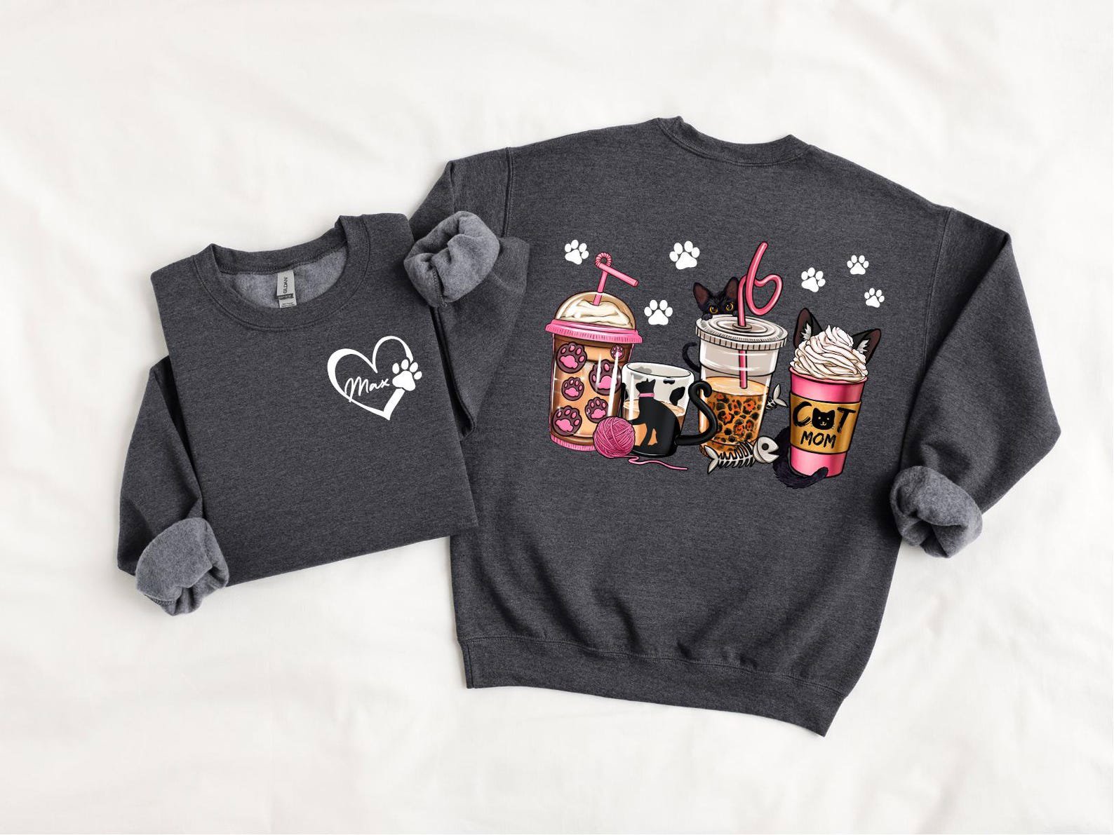 Custom Cat Mom Sweatshirt, Coffee Lover Cat Mom Shirt, Personalized Front Name Back Design, Cute Pet Lover Gift for Her, Cozy Cat Mama Top 6