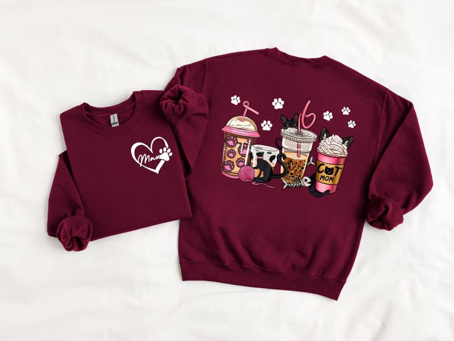 Custom Cat Mom Sweatshirt, Coffee Lover Cat Mom Shirt, Personalized Front Name Back Design, Cute Pet Lover Gift for Her, Cozy Cat Mama Top 8