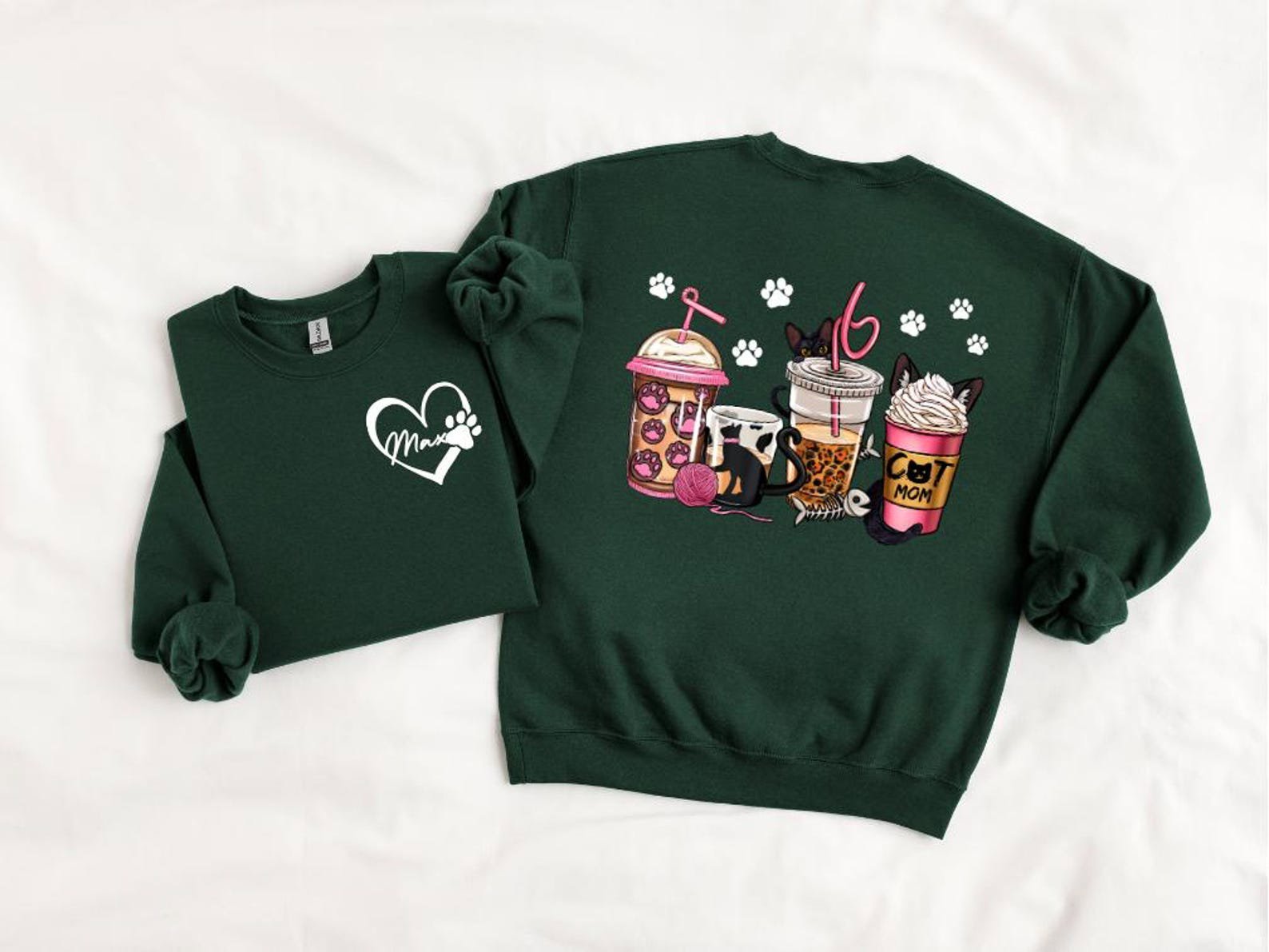 Custom Cat Mom Sweatshirt, Coffee Lover Cat Mom Shirt, Personalized Front Name Back Design, Cute Pet Lover Gift for Her, Cozy Cat Mama Top 9