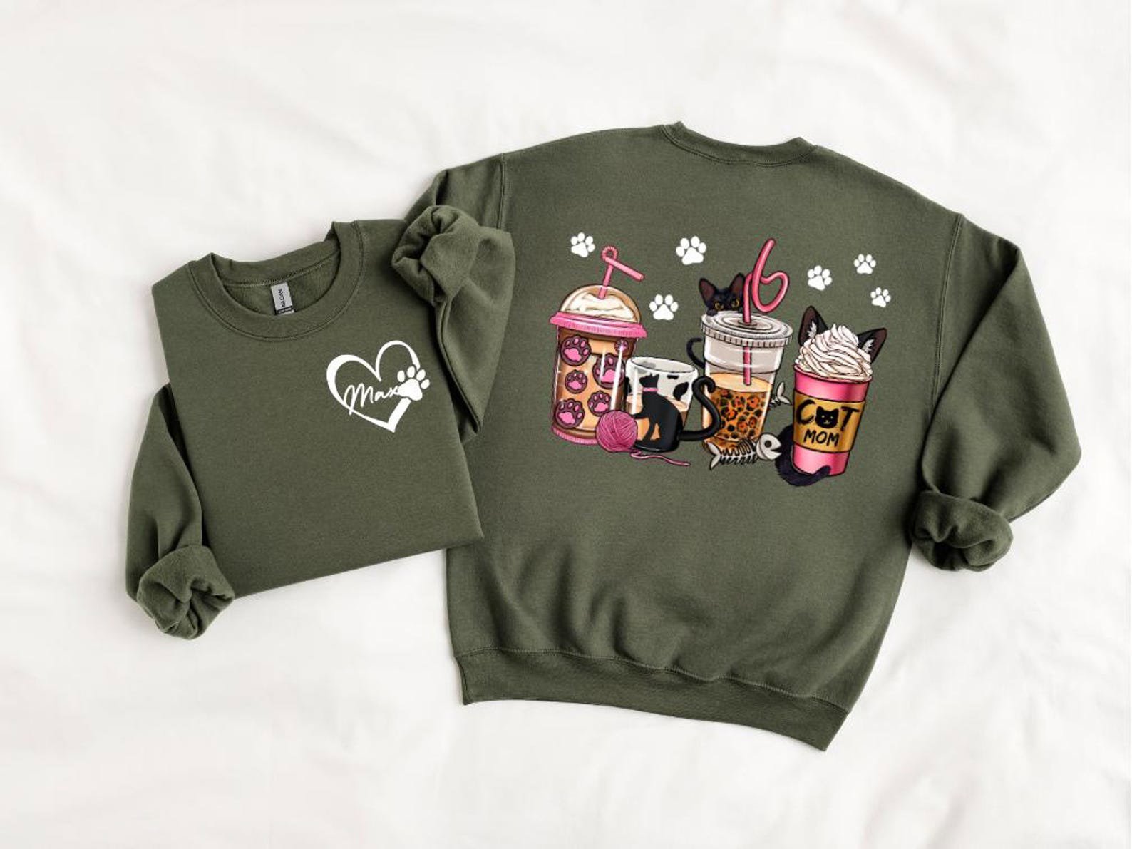 Custom Cat Mom Sweatshirt, Coffee Lover Cat Mom Shirt, Personalized Front Name Back Design, Cute Pet Lover Gift for Her, Cozy Cat Mama Top 10