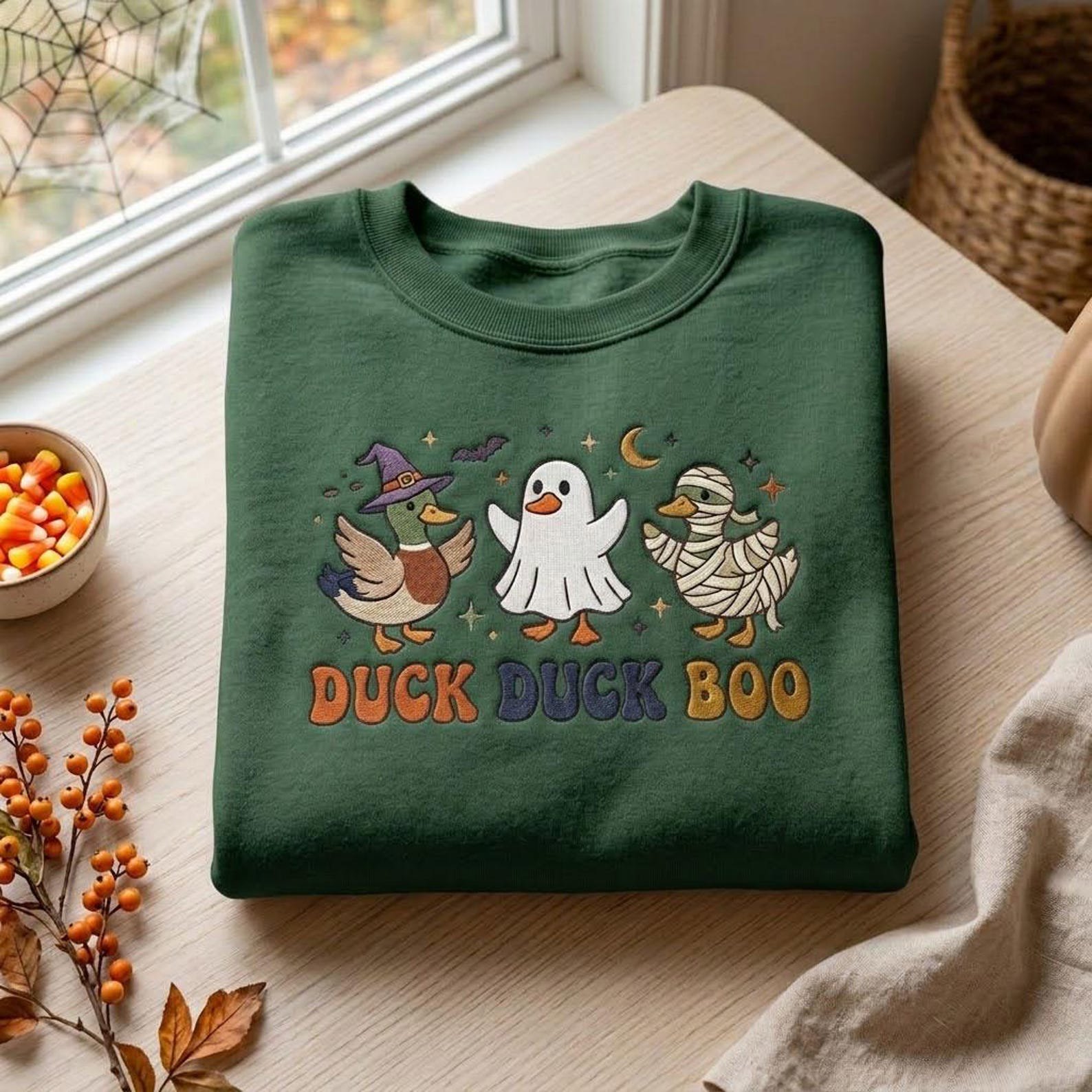 Embroidered Duck Duck Boo Sweatshirt, Halloween Ghost and Mummy Duck Sweater, Cute Witch Goose Shirt, Spooky Season Gift 3