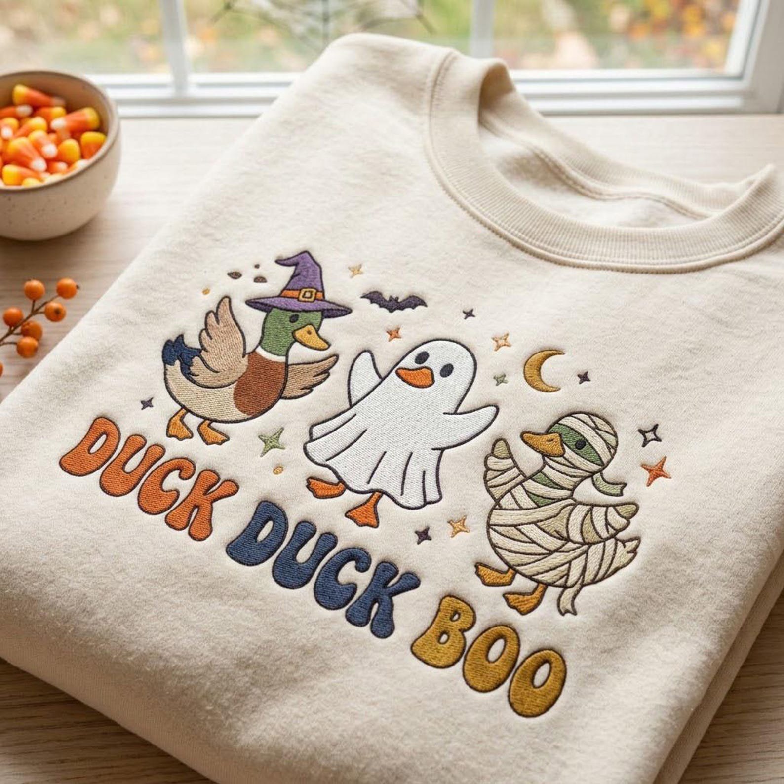 Embroidered Duck Duck Boo Sweatshirt, Halloween Ghost and Mummy Duck Sweater, Cute Witch Goose Shirt, Spooky Season Gift 2