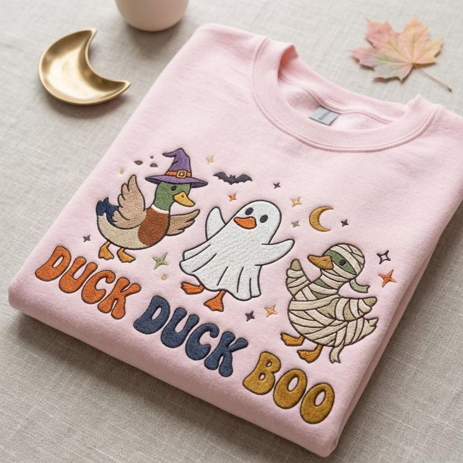 Embroidered Duck Duck Boo Sweatshirt, Halloween Ghost and Mummy Duck Sweater, Cute Witch Goose Shirt, Spooky Season Gift 1
