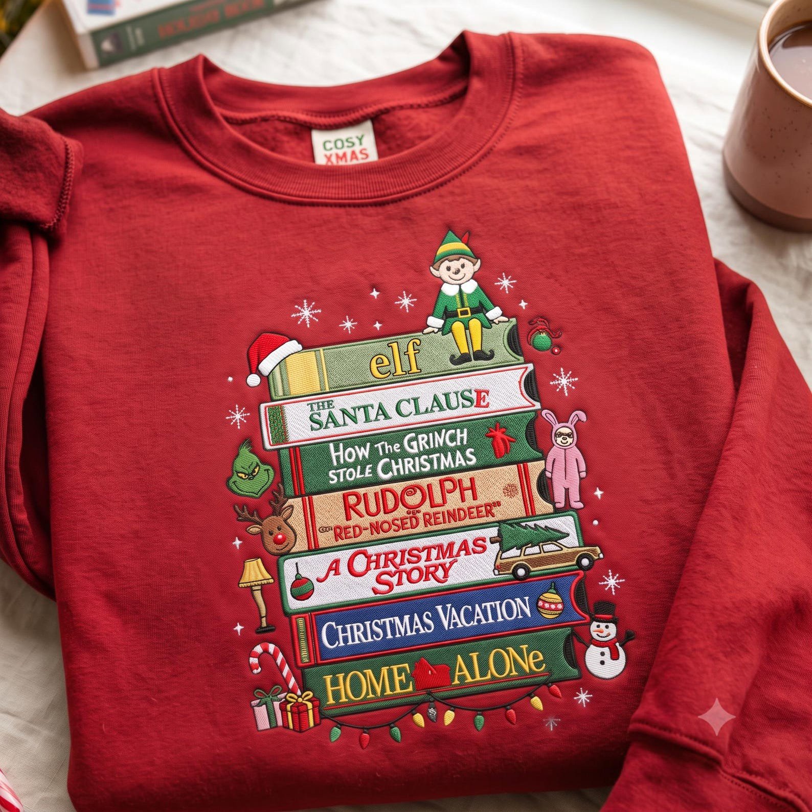 Christmas Movie Sweatshirt, Embroidered Holiday Movie Bookshelf Shirt, Christmas Classics Sweater, Cozy Movie Lover Gift 2