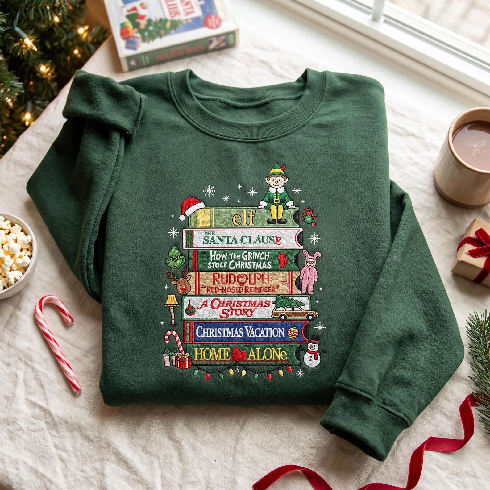 Christmas Movie Sweatshirt, Embroidered Holiday Movie Bookshelf Shirt, Christmas Classics Sweater, Cozy Movie Lover Gift 4