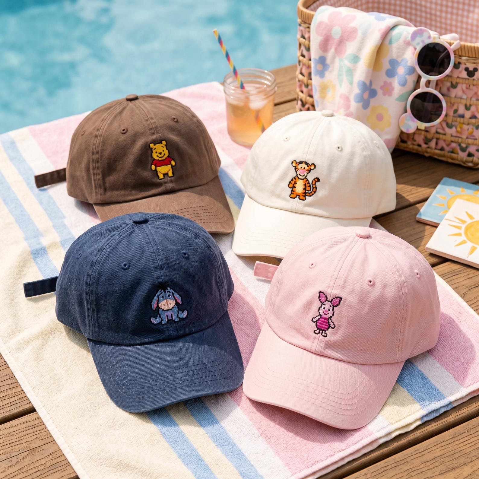 Embroidered Pooh Friends Washed Hat, Theme Park Gift, Tigger Eeyore Piglet Dad Cap, Cute Cartoon Character Hat, Retro Pixel Dad Cap 1