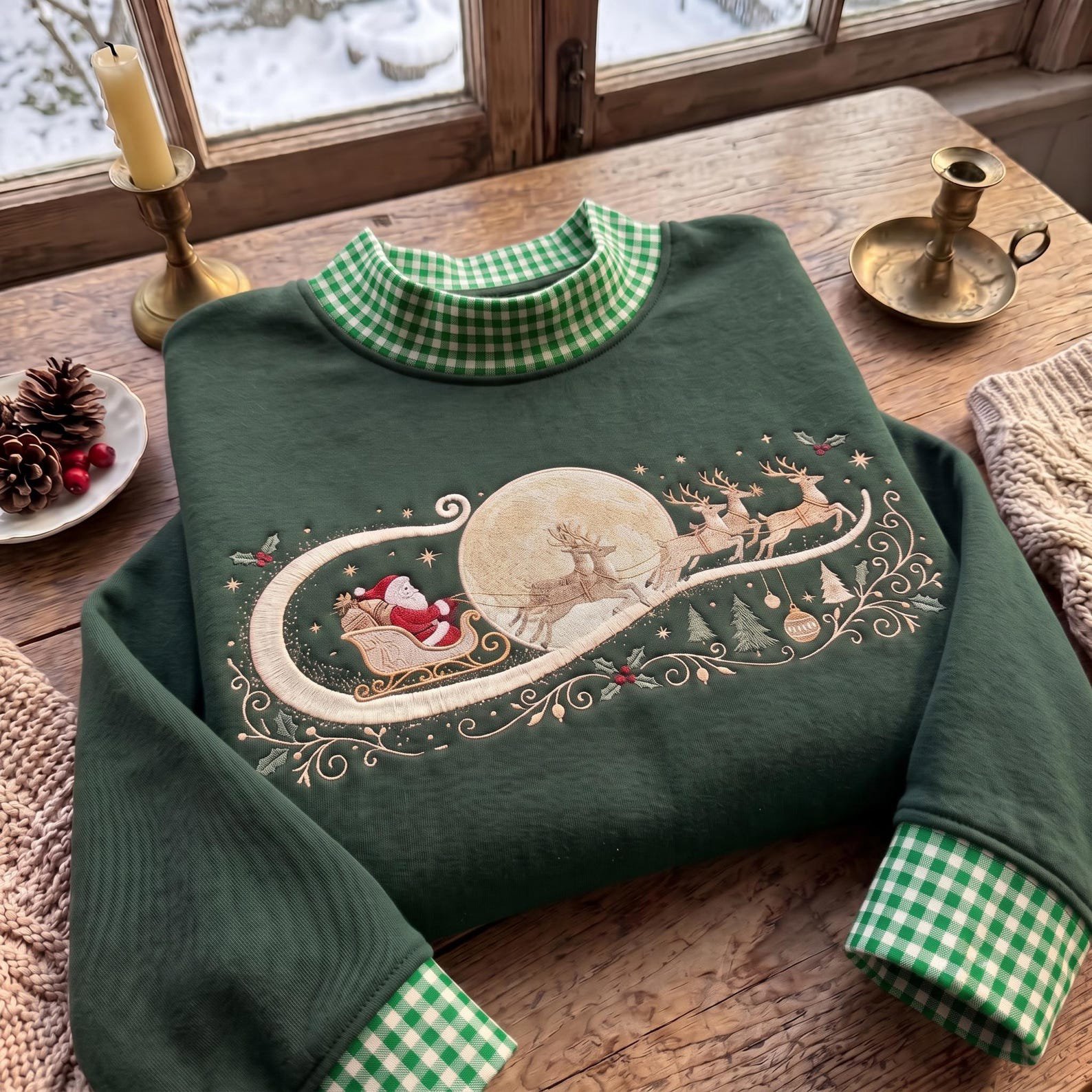Christmas Gingham Mock Neck Sweatshirt, Embroidered Santa Reindeer Crewneck, Vintage Holiday Pullover, Festive Winter Sweatshirt 1