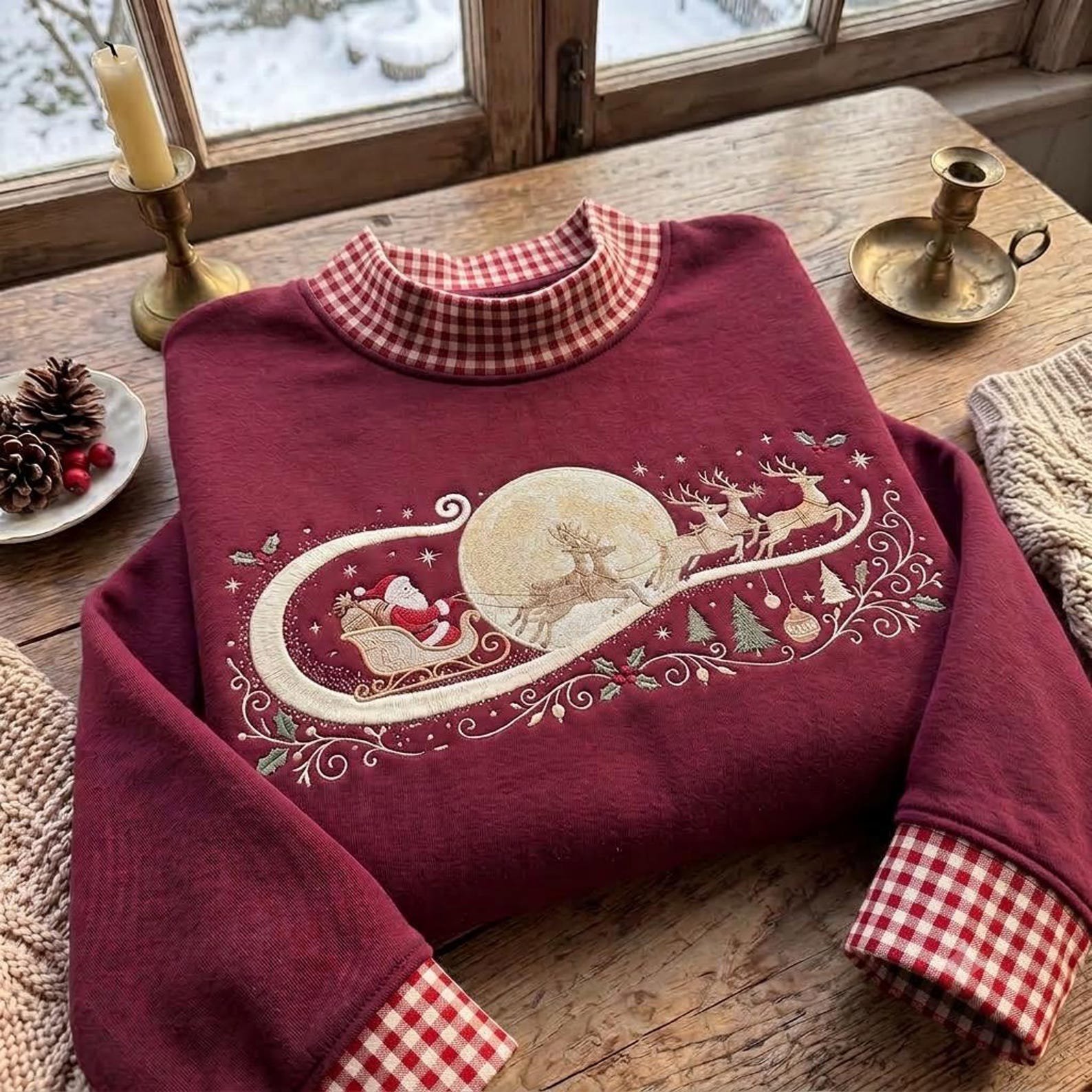 Christmas Gingham Mock Neck Sweatshirt, Embroidered Santa Reindeer Crewneck, Vintage Holiday Pullover, Festive Winter Sweatshirt 2