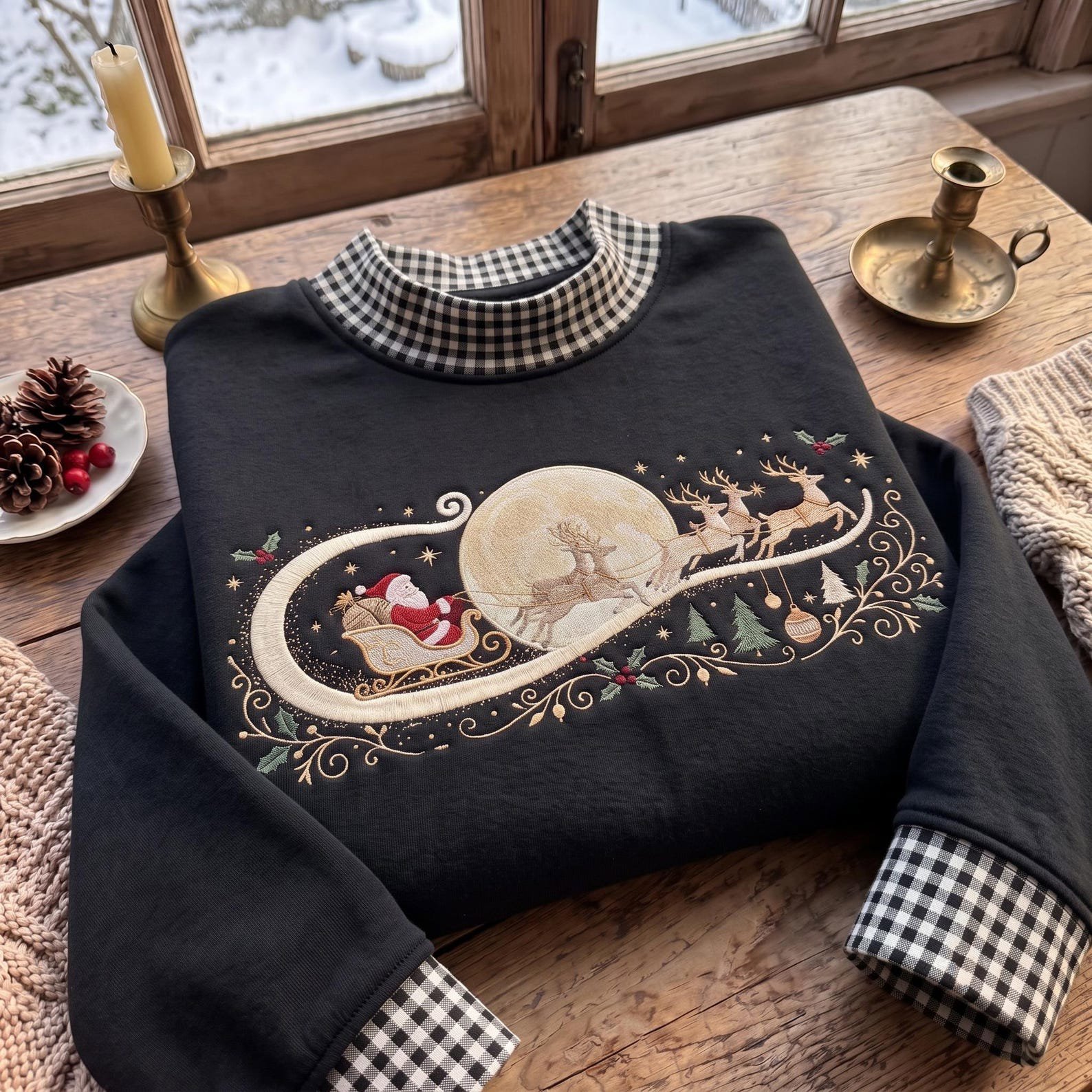 Christmas Gingham Mock Neck Sweatshirt, Embroidered Santa Reindeer Crewneck, Vintage Holiday Pullover, Festive Winter Sweatshirt 3