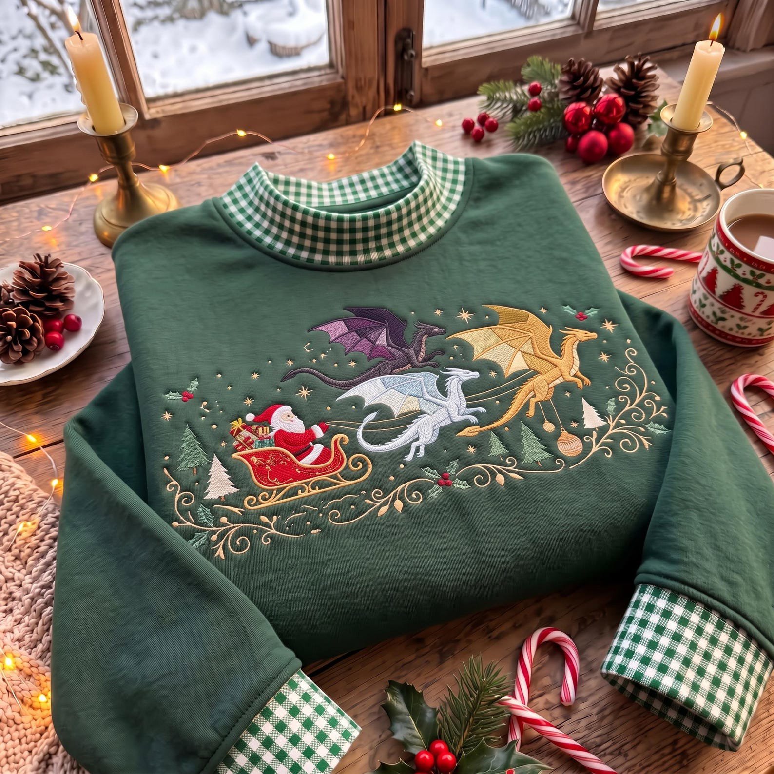Santa Dragon Gingham Mock Neck Sweatshirt, Embroidered Christmas Dragon Sleigh Sweater, Fantasy Holiday Shirt, Dragon Lover Gift 3