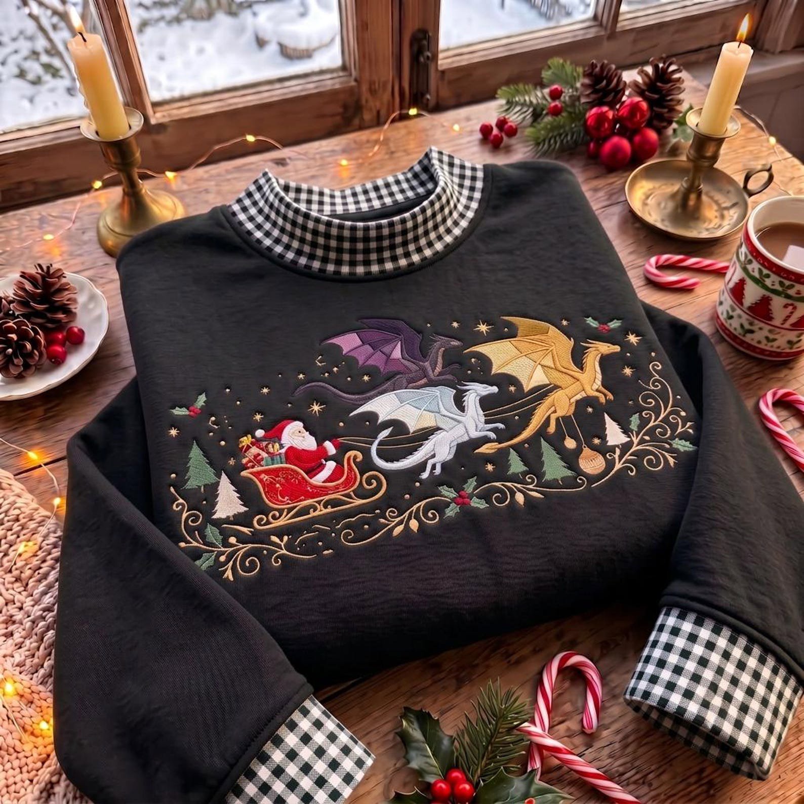 Santa Dragon Gingham Mock Neck Sweatshirt, Embroidered Christmas Dragon Sleigh Sweater, Fantasy Holiday Shirt, Dragon Lover Gift 4