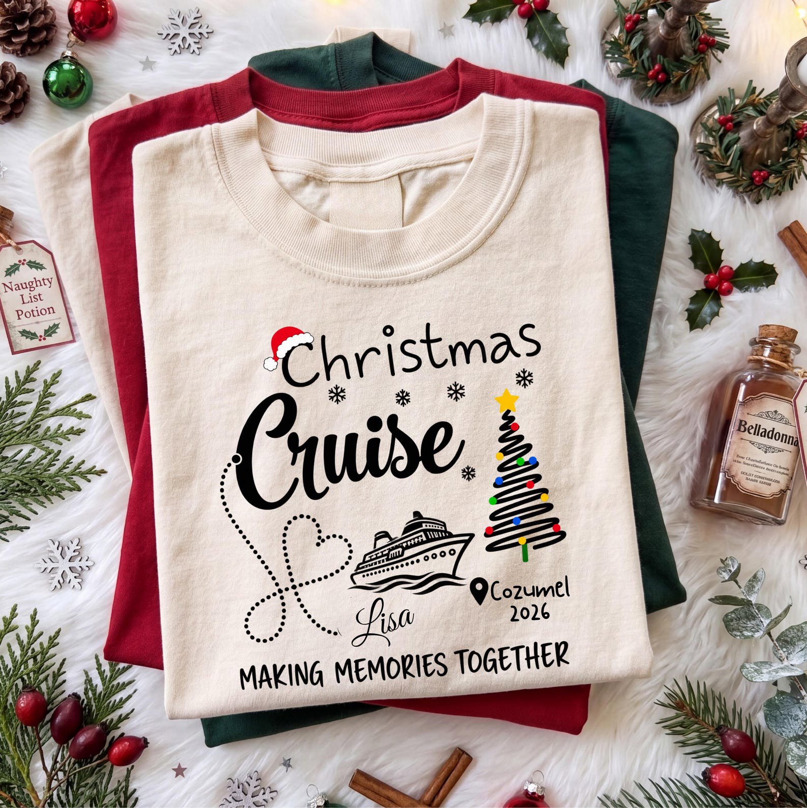 Custom Christmas Cruise Shirt, Personalized Destination Vacation Outfit, Matching Family Trip Holiday Tee 1