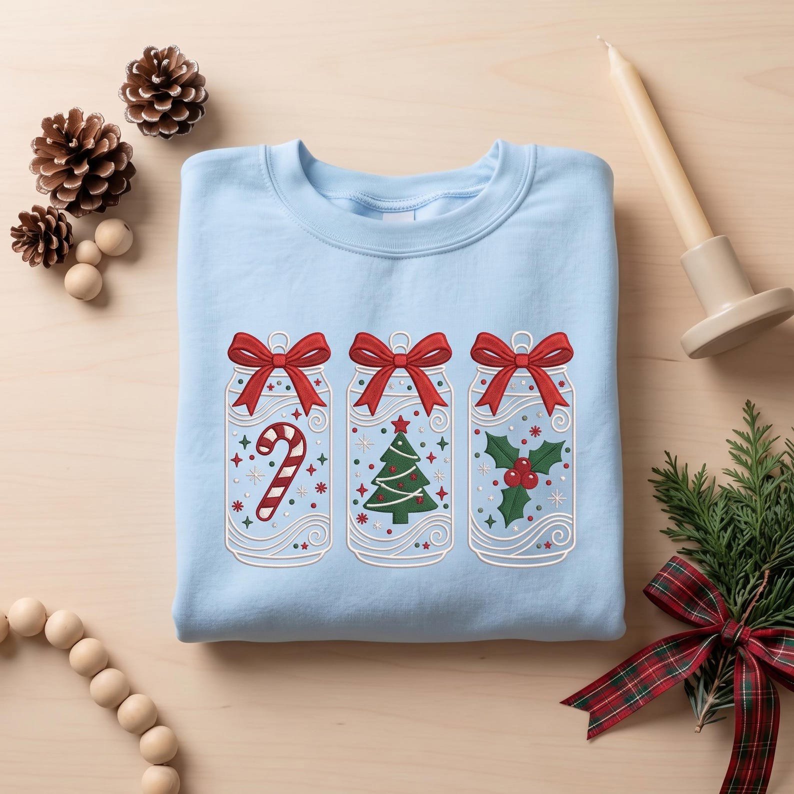 Christmas Bow Sweatshirt, Embroidered Mason Jar Holiday Shirt, Candy Cane Christmas Tree Holly Sweater, Coquette Xmas Gift 2