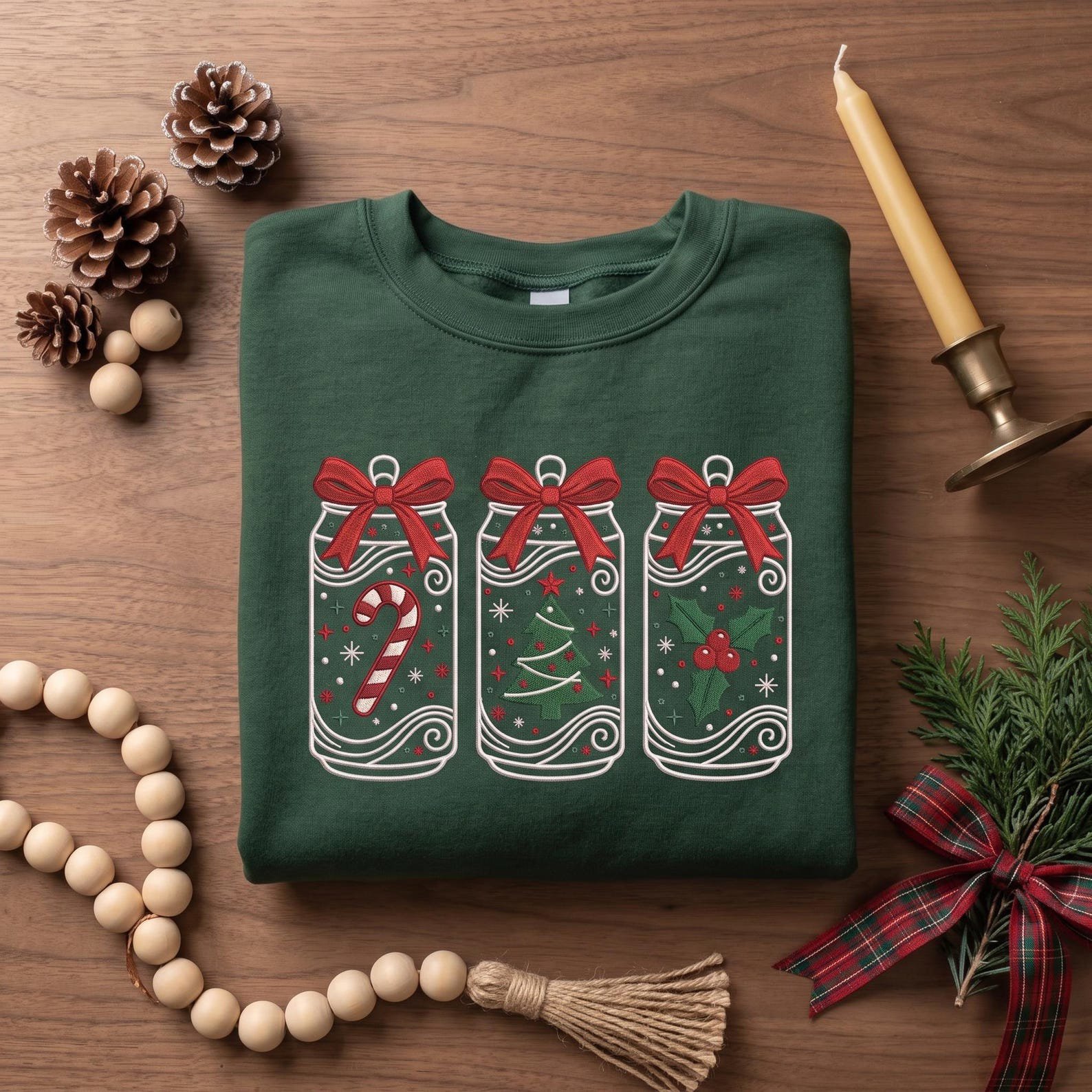 Christmas Bow Sweatshirt, Embroidered Mason Jar Holiday Shirt, Candy Cane Christmas Tree Holly Sweater, Coquette Xmas Gift 1