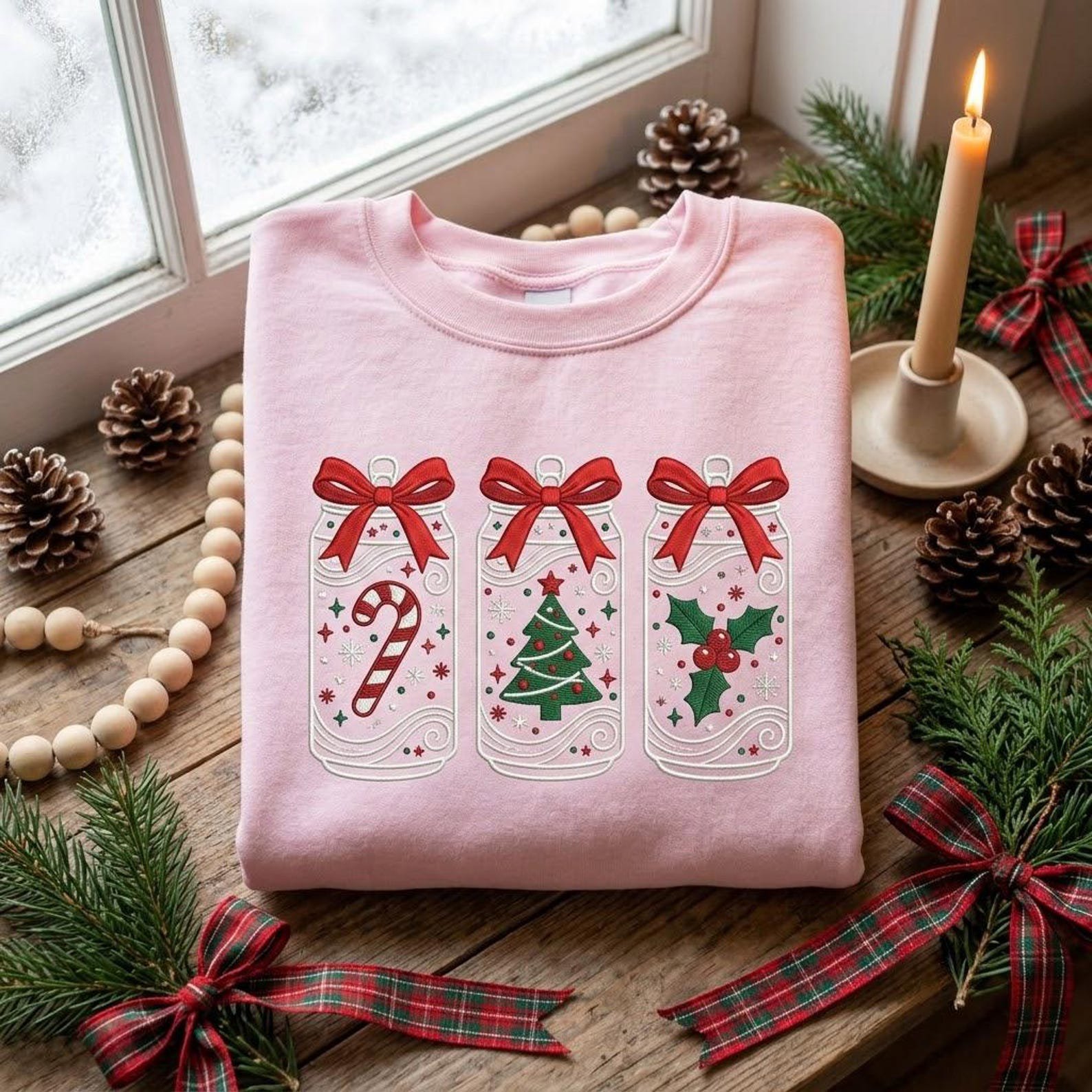 Christmas Bow Sweatshirt, Embroidered Mason Jar Holiday Shirt, Candy Cane Christmas Tree Holly Sweater, Coquette Xmas Gift 3