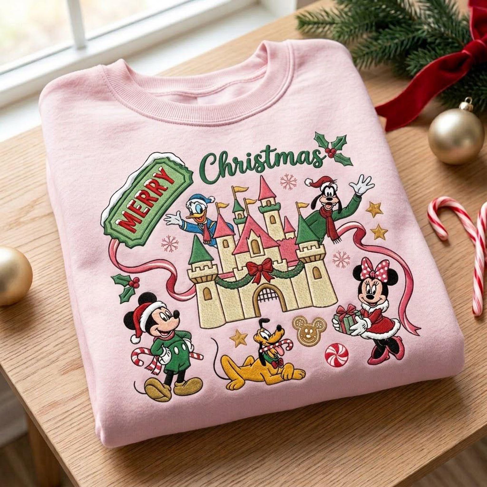 Magical Christmas Castle Sweatshirt, Embroidered Holiday Character Crewneck, Festive Theme Park Vacation Sweater 1
