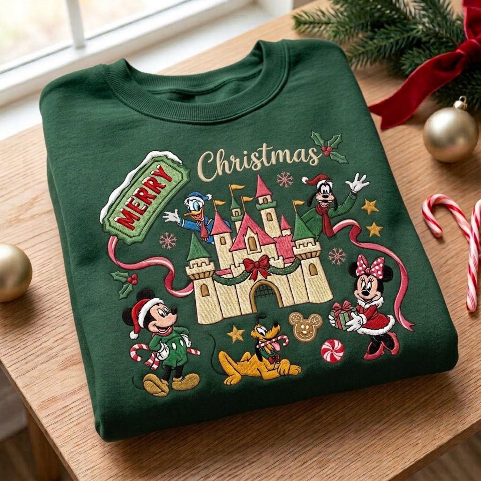 Magical Christmas Castle Sweatshirt, Embroidered Holiday Character Crewneck, Festive Theme Park Vacation Sweater 2