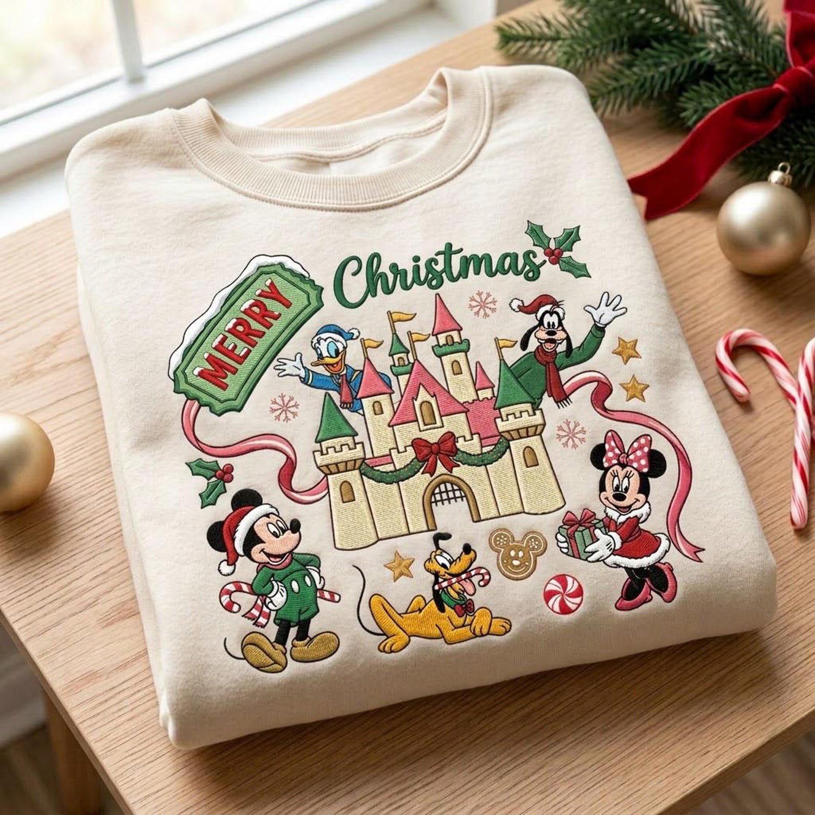 Magical Christmas Castle Sweatshirt, Embroidered Holiday Character Crewneck, Festive Theme Park Vacation Sweater 3