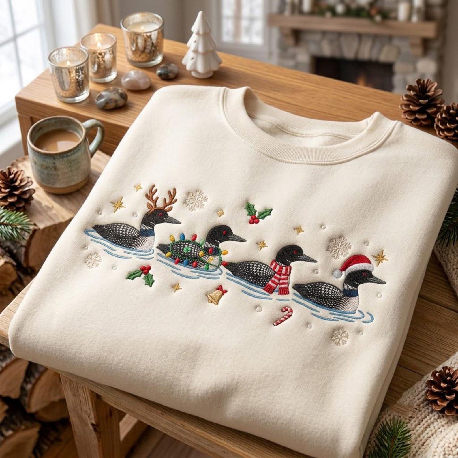 Christmas Loon Embroidered Sweatshirt, Festive Lake Bird Holiday Crewneck, Winter Loon Christmas Sweater, Bird Lover Gift 1