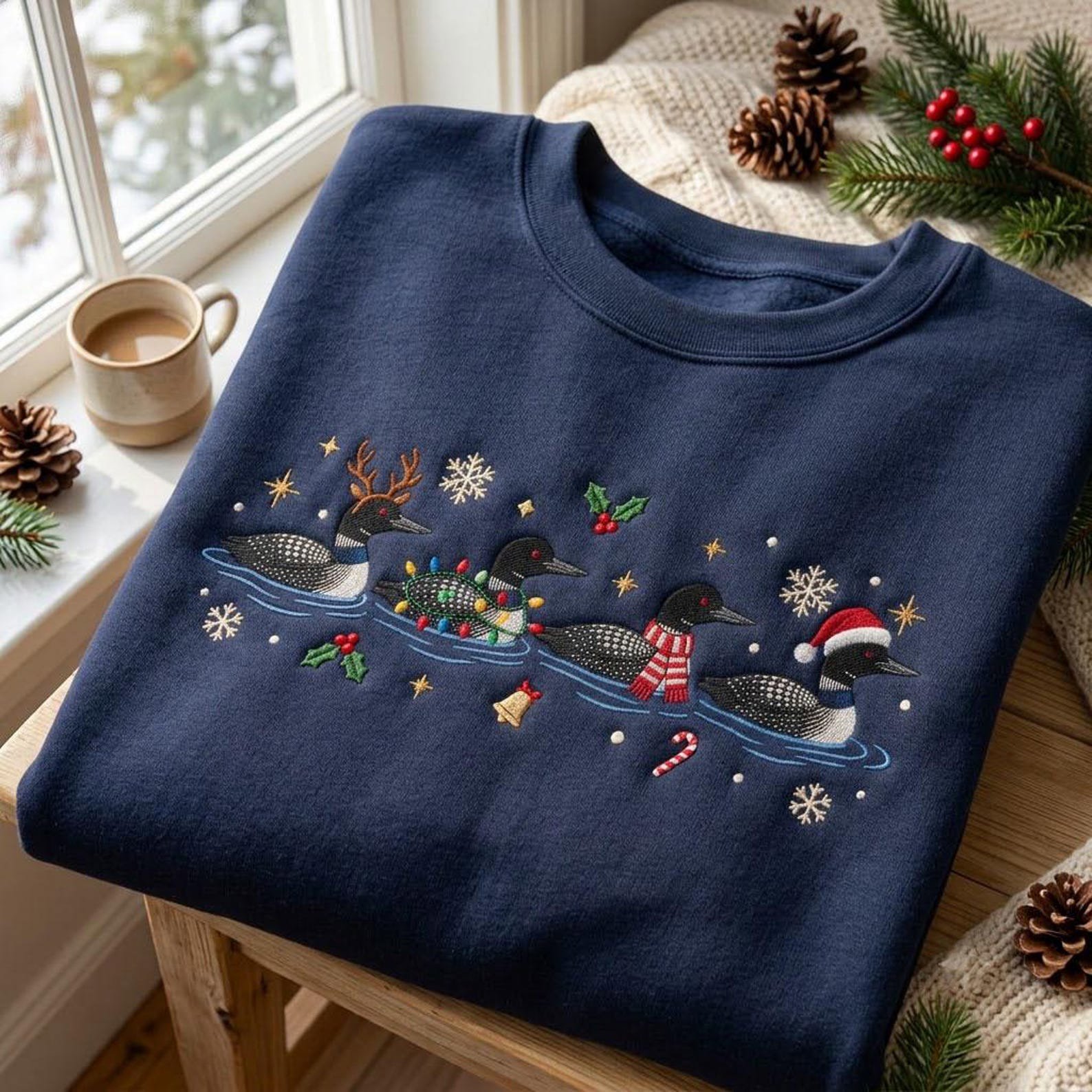 Christmas Loon Embroidered Sweatshirt, Festive Lake Bird Holiday Crewneck, Winter Loon Christmas Sweater, Bird Lover Gift 3