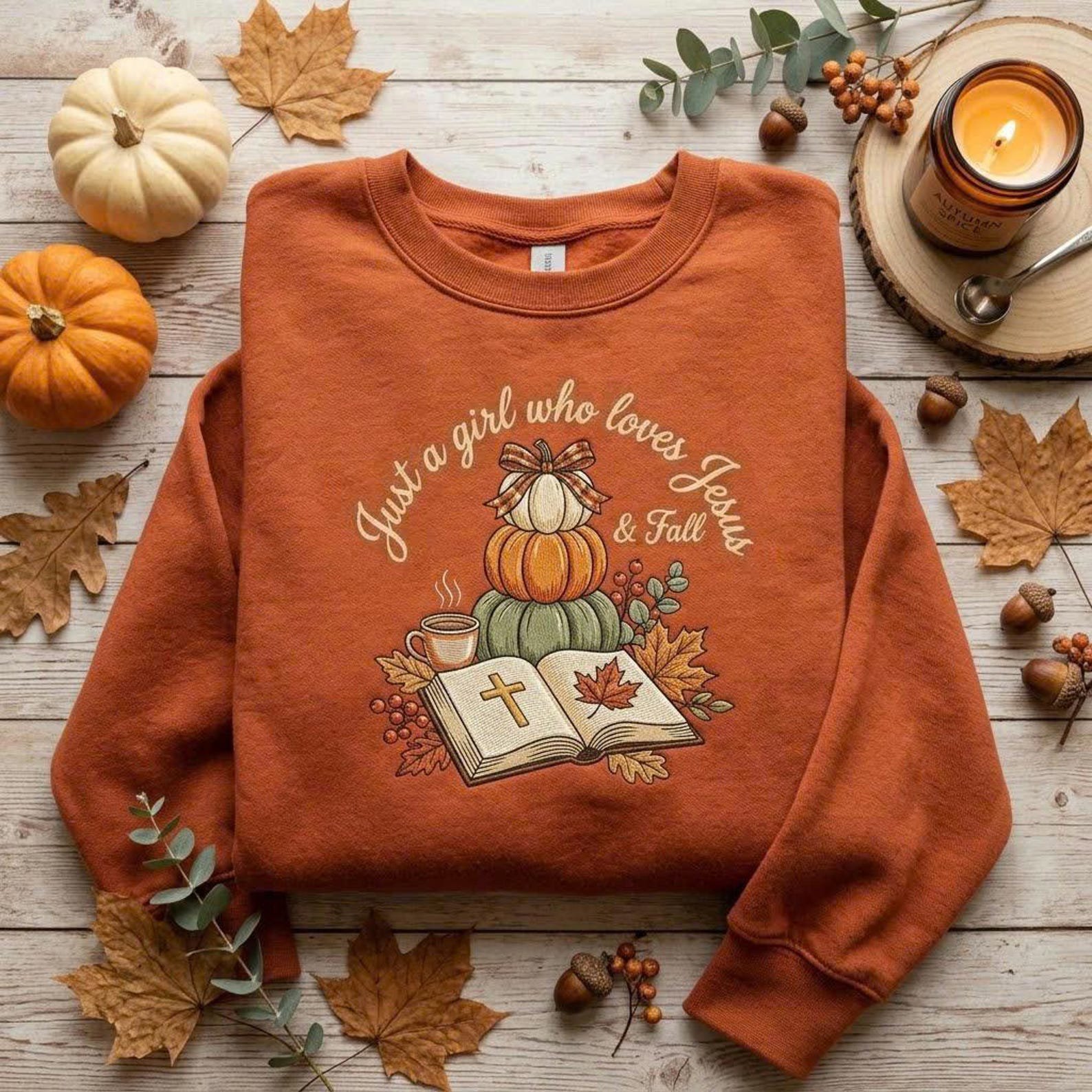 Christian Fall Sweatshirt, Just a Girl Who Loves Jesus Embroidered Shirt, Pumpkin Bible Autumn Sweatshirt, Faith Gift 3
