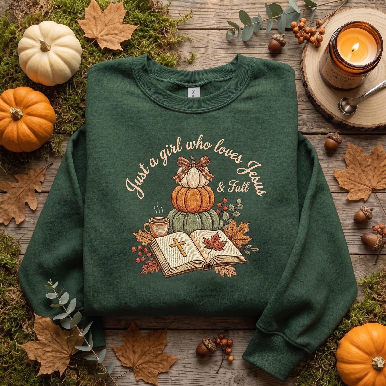 Christian Fall Sweatshirt, Just a Girl Who Loves Jesus Embroidered Shirt, Pumpkin Bible Autumn Sweatshirt, Faith Gift 1