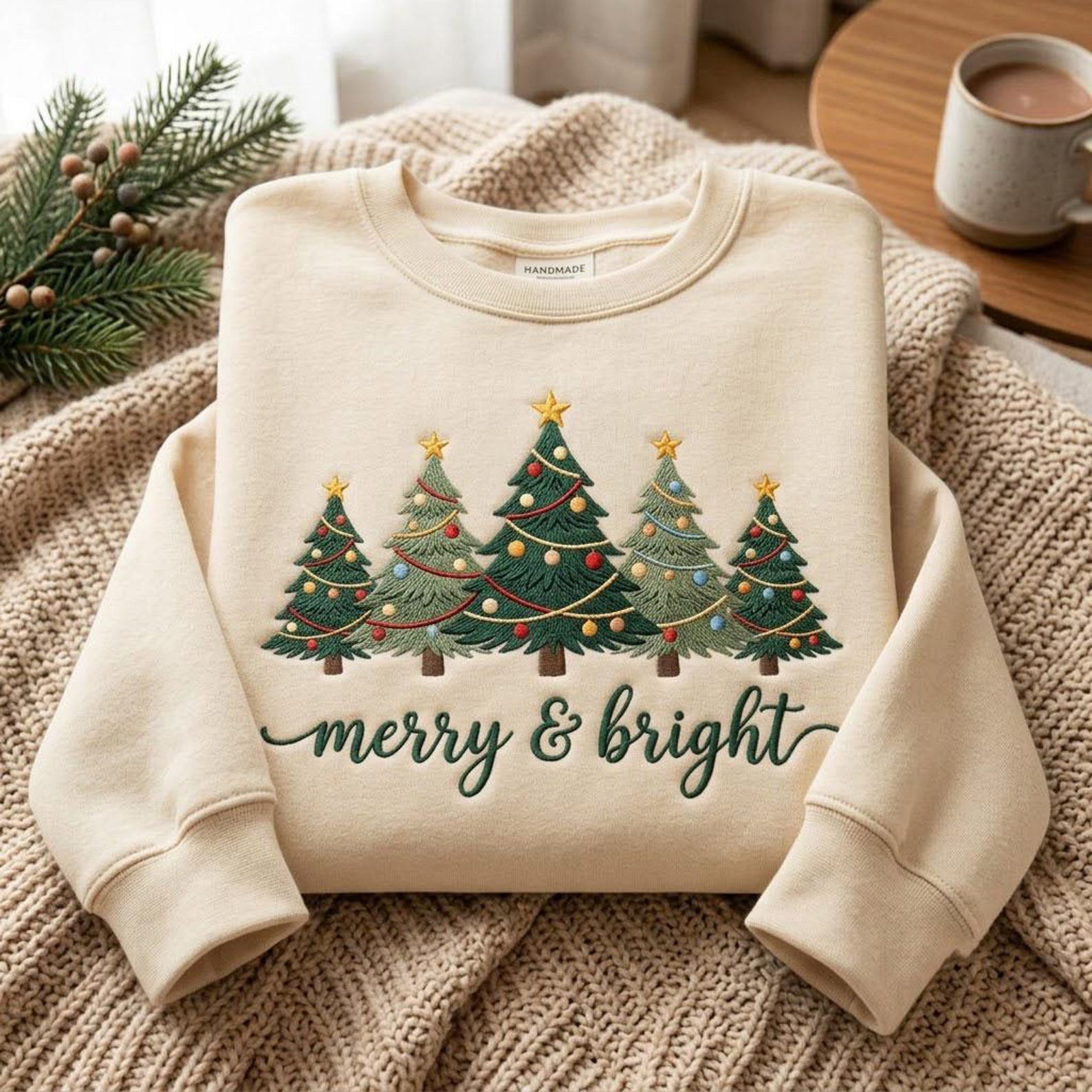 Christmas Tree Embroidered Sweatshirt, Merry and Bright Holiday Crewneck, Festive Christmas Sweater, Winter Holiday Gift 1