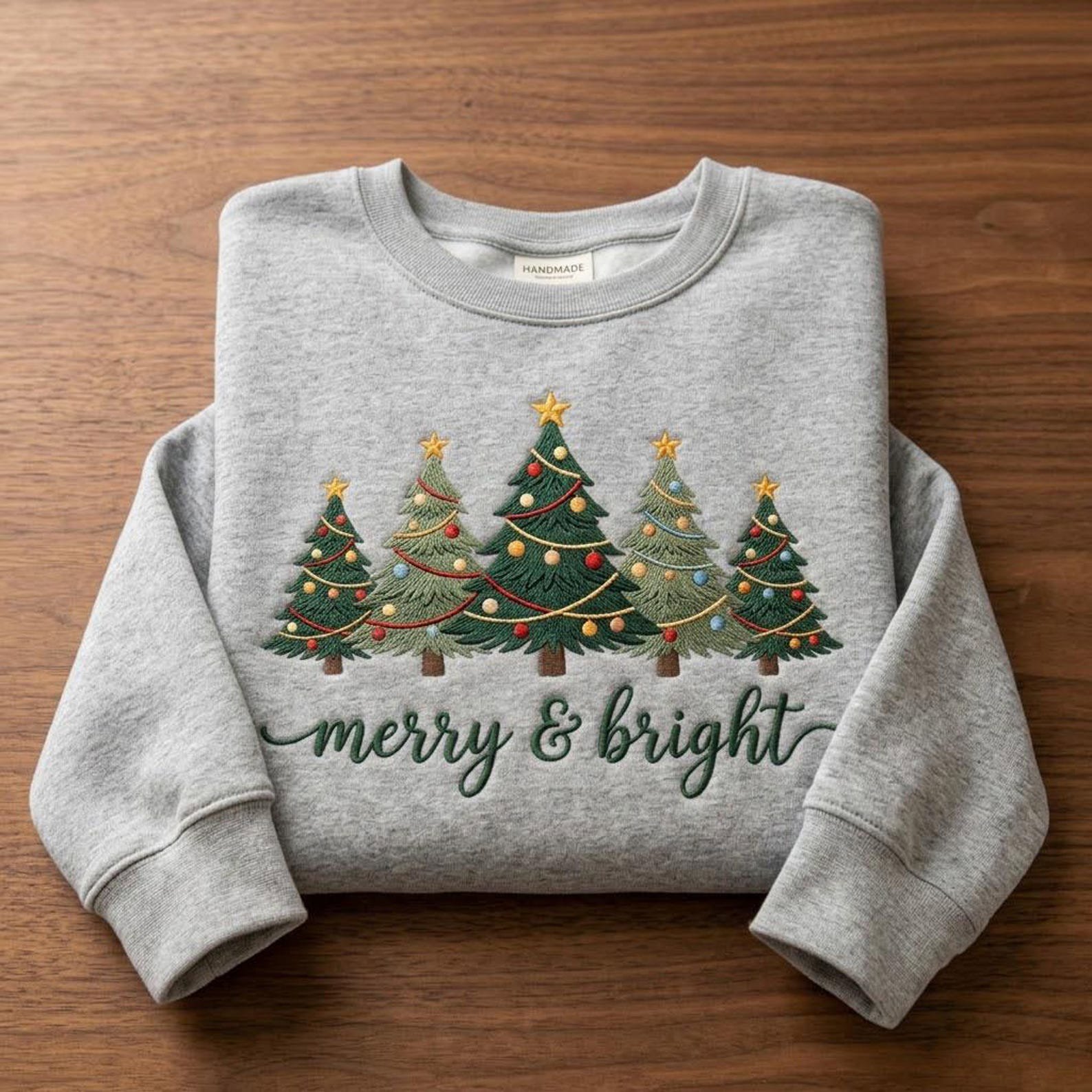 Christmas Tree Embroidered Sweatshirt, Merry and Bright Holiday Crewneck, Festive Christmas Sweater, Winter Holiday Gift 2