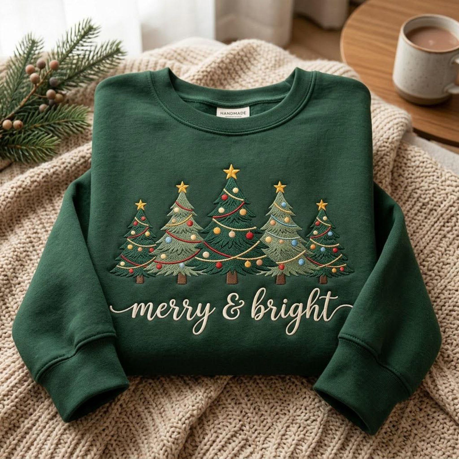 Christmas Tree Embroidered Sweatshirt, Merry and Bright Holiday Crewneck, Festive Christmas Sweater, Winter Holiday Gift 3