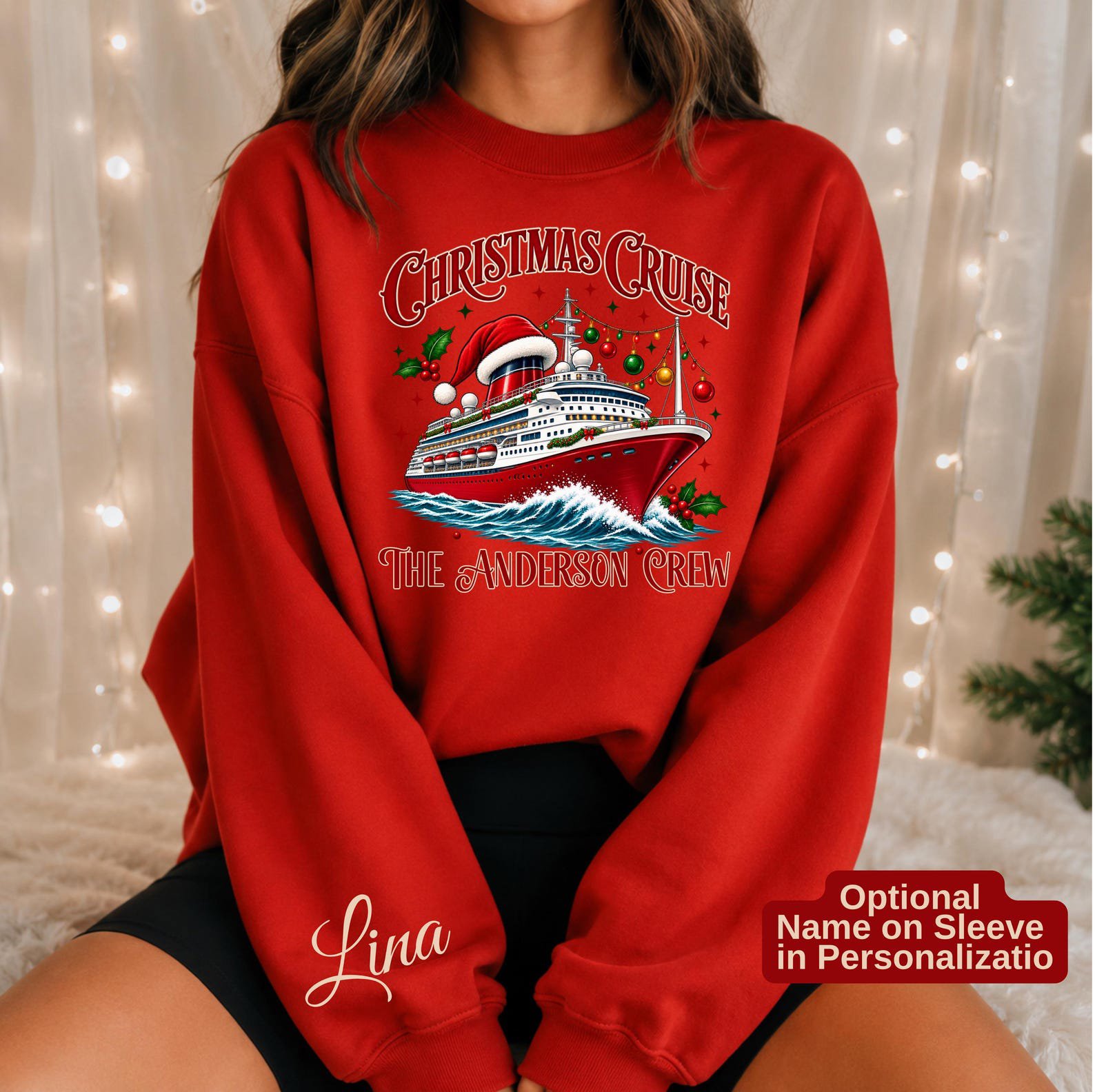 Custom Christmas Cruise Sweatshirt, Personalized Sleeve Vacation Outfit, Matching Family Trip Holiday Tee 8