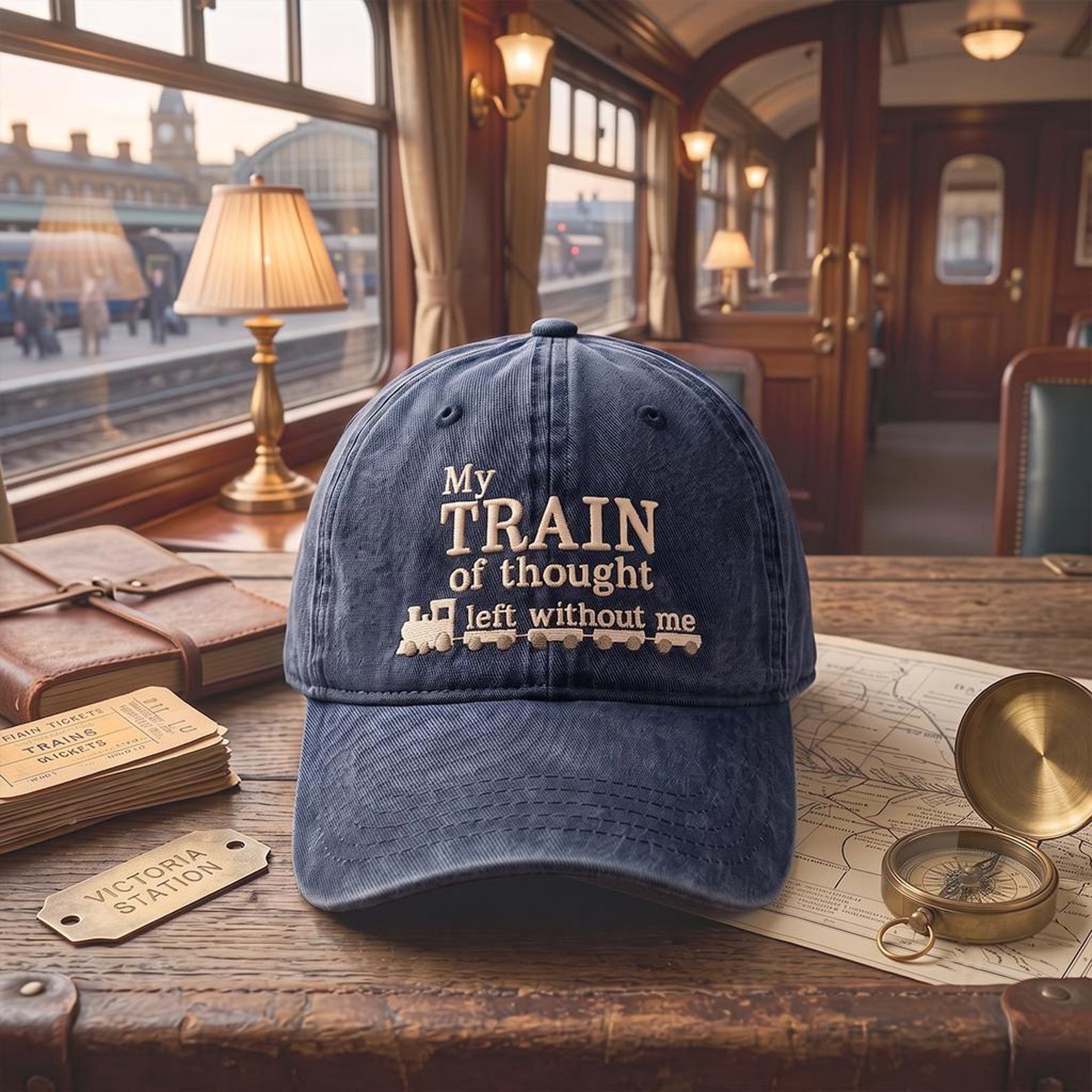 Funny Train of Thought Embroidered Washed Hat, My Train Left Without Me Dad Cap, Railroad Humor Hat, Train Lover Gift 1
