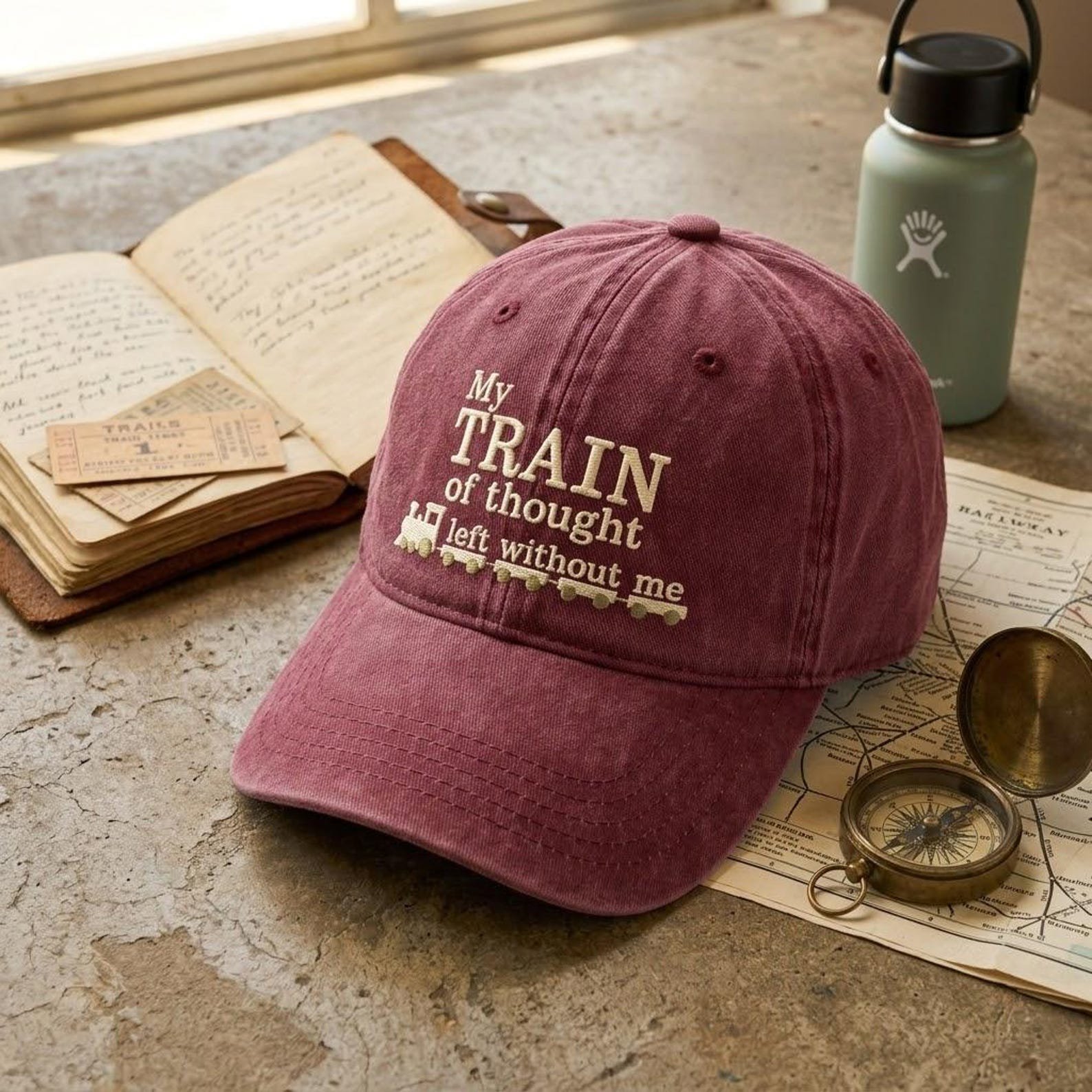 Funny Train of Thought Embroidered Washed Hat, My Train Left Without Me Dad Cap, Railroad Humor Hat, Train Lover Gift 3