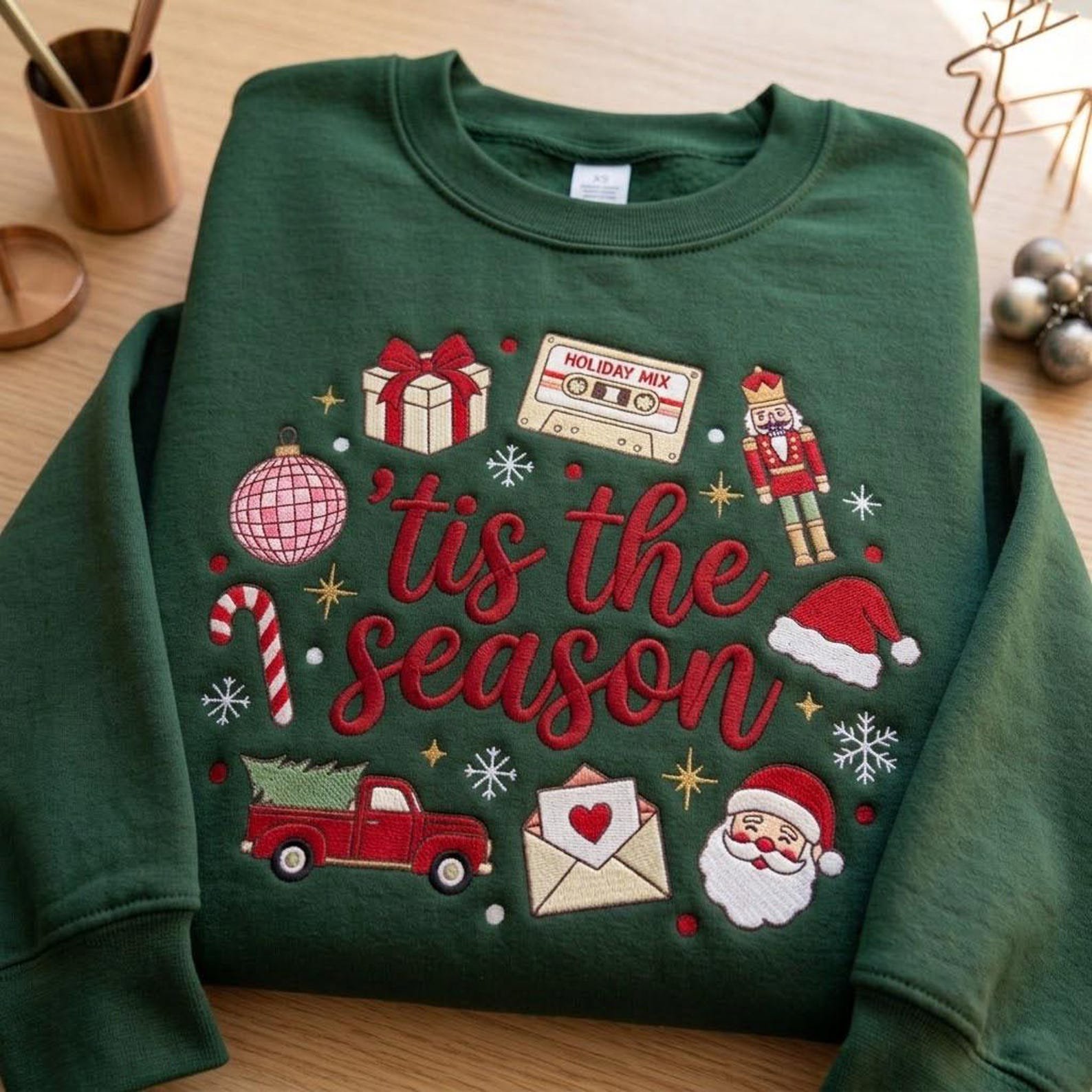 Tis The Season Embroidered Christmas Sweatshirt, Retro Holiday Icons Crewneck, Santa Nutcracker Festive Christmas Sweater 1