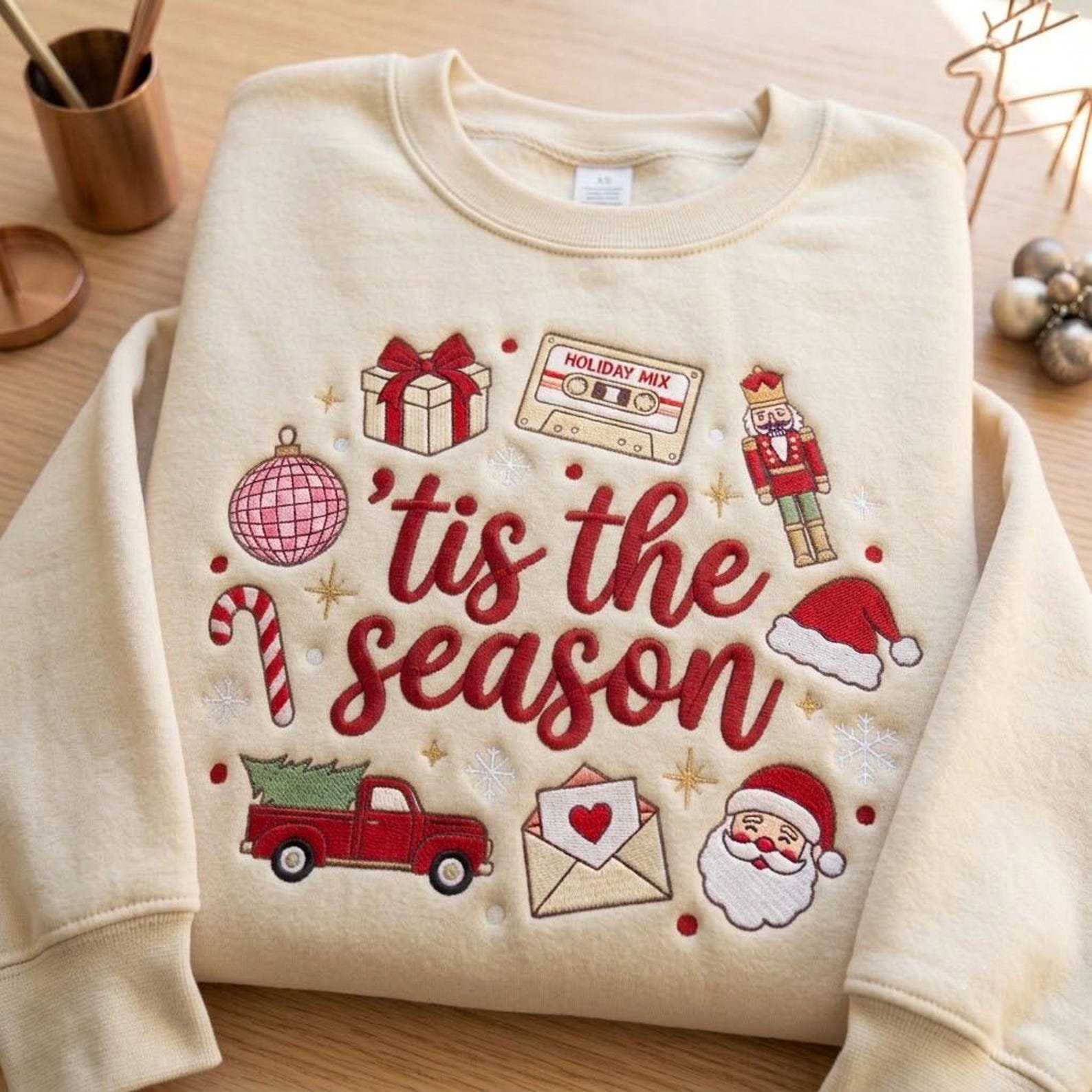 Tis The Season Embroidered Christmas Sweatshirt, Retro Holiday Icons Crewneck, Santa Nutcracker Festive Christmas Sweater 3
