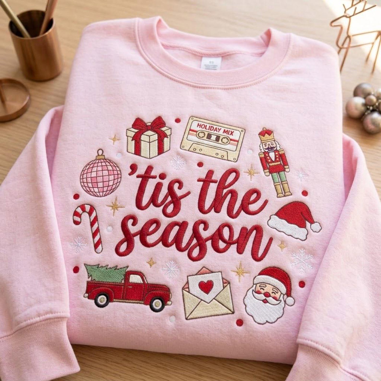 Tis The Season Embroidered Christmas Sweatshirt, Retro Holiday Icons Crewneck, Santa Nutcracker Festive Christmas Sweater 2
