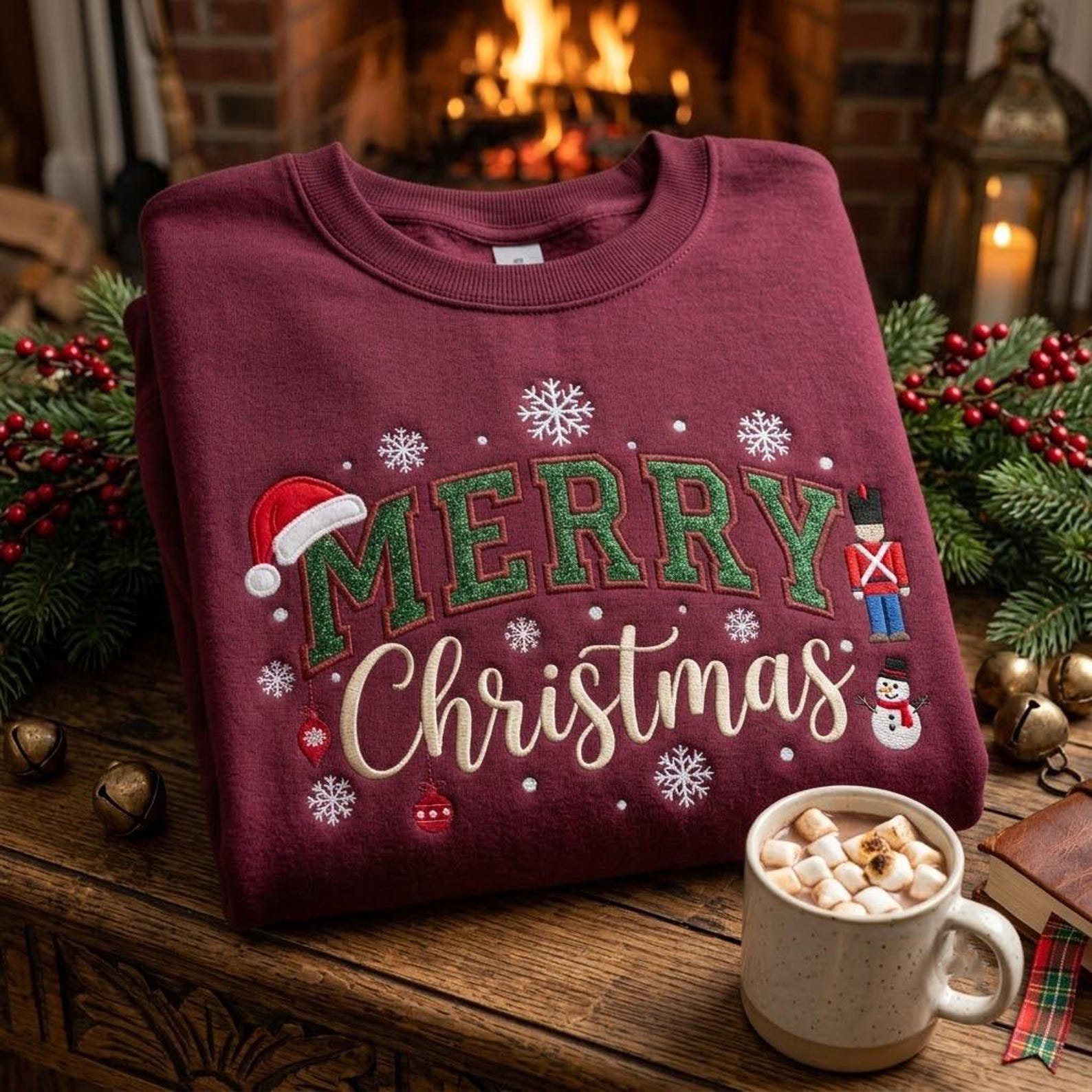 Merry Christmas Sweatshirt, Embroidered Holiday Crewneck with Snowflakes and Snowman, Festive Christmas Gift 2