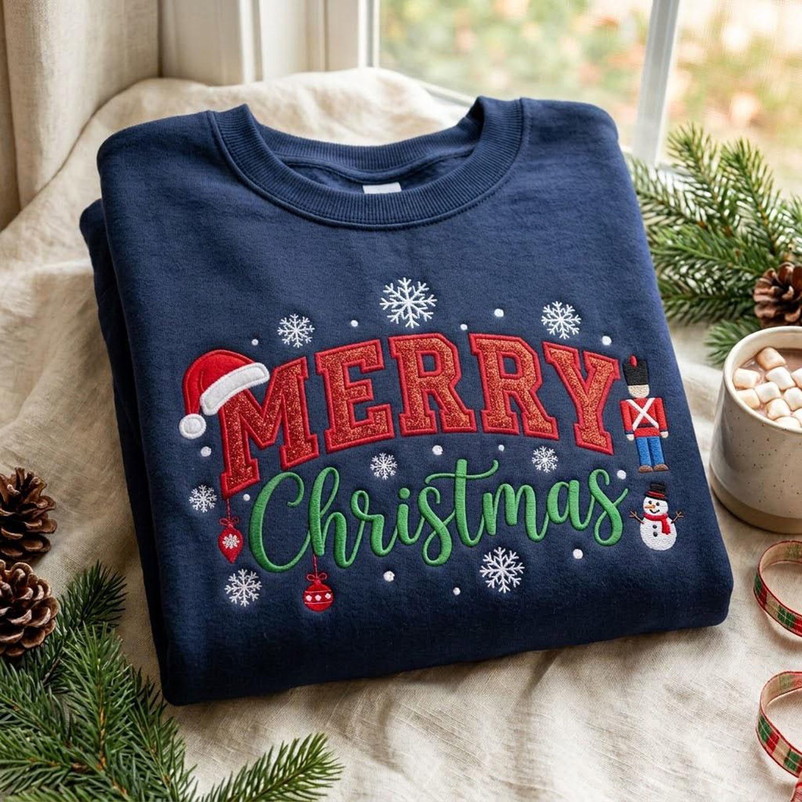 Merry Christmas Sweatshirt, Embroidered Holiday Crewneck with Snowflakes and Snowman, Festive Christmas Gift 3