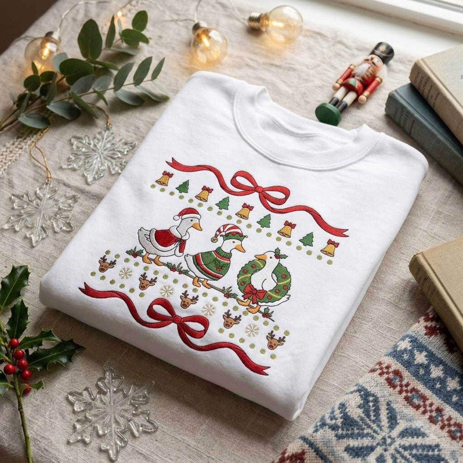 Christmas Goose Sweatshirt, Embroidered Holiday Geese Shirt, Festive Bow Wreath Goose Sweater, Cute Christmas Gi 1
