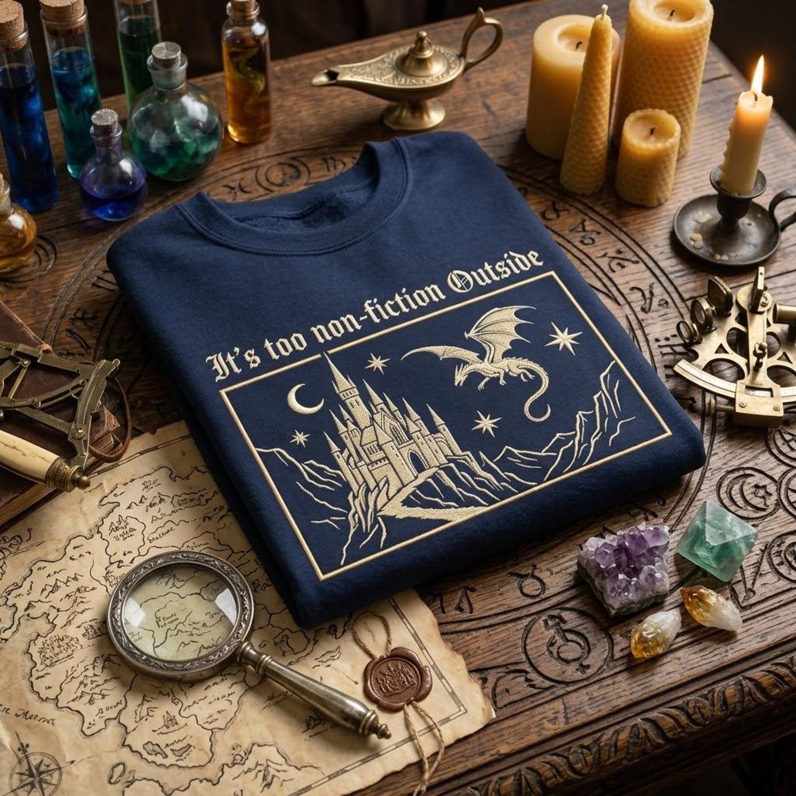 It’s Too Non Fiction Outside Embroidered Sweatshirt, Fantasy Castle Dragon Crewneck, Book Lover Reading Sweatshirt 2
