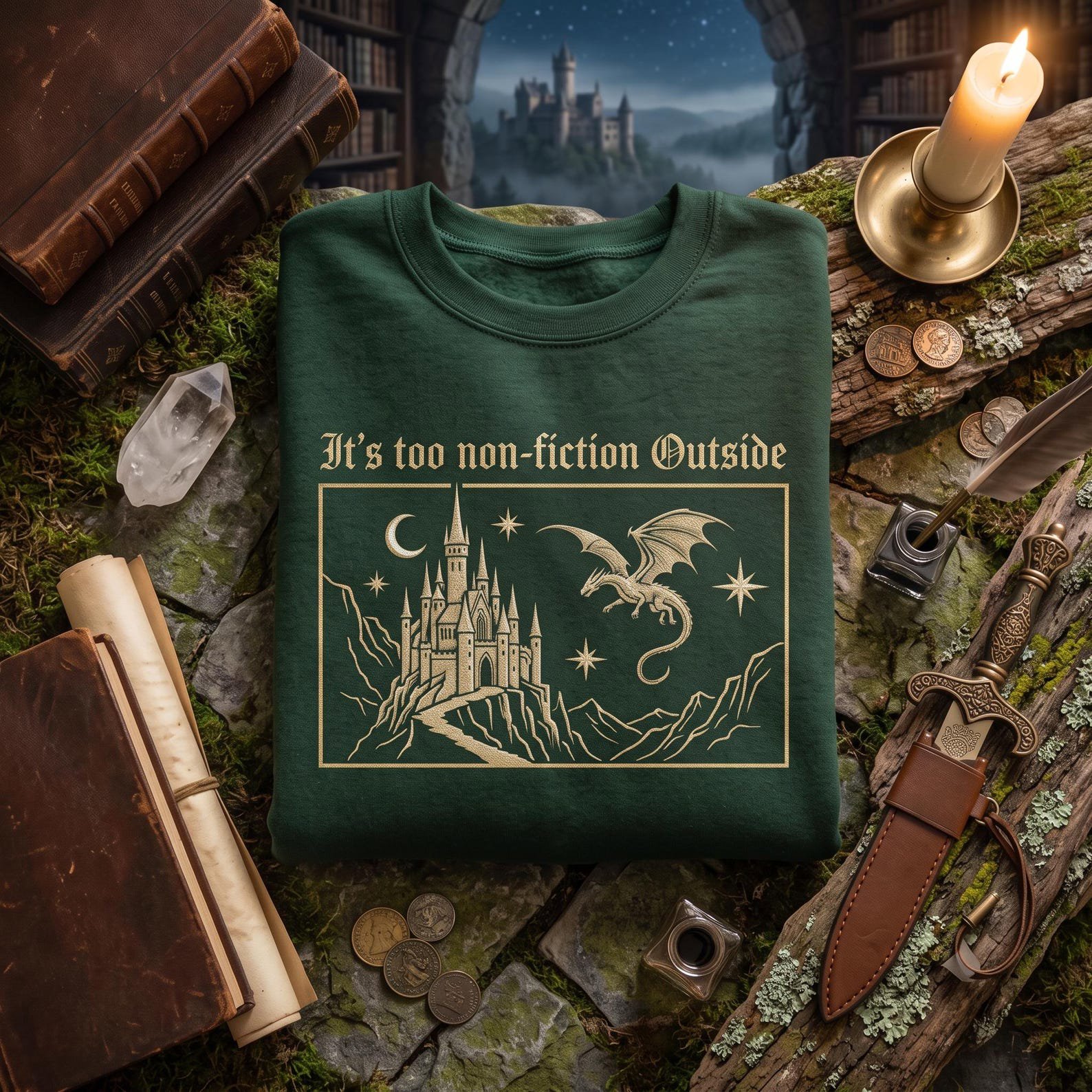 It’s Too Non Fiction Outside Embroidered Sweatshirt, Fantasy Castle Dragon Crewneck, Book Lover Reading Sweatshirt 1