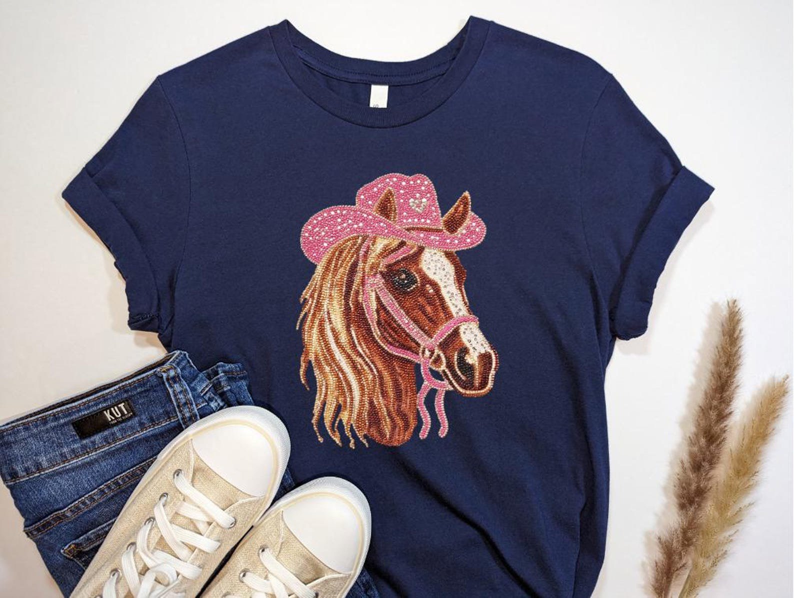 Horse Cowgirl Shirt, Western Valentine Tee, Hand Drawn Rhinestone Style Design, Country Animal Lover Gift, Vintage Rustic Farmwear Top 4