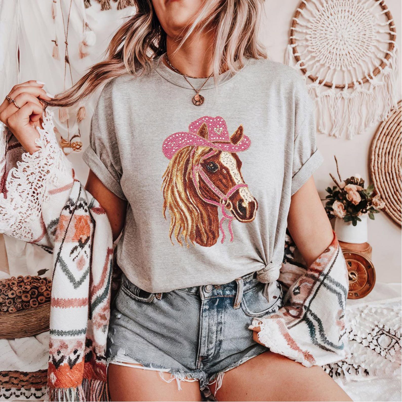 Horse Cowgirl Shirt, Western Valentine Tee, Hand Drawn Rhinestone Style Design, Country Animal Lover Gift, Vintage Rustic Farmwear Top 6