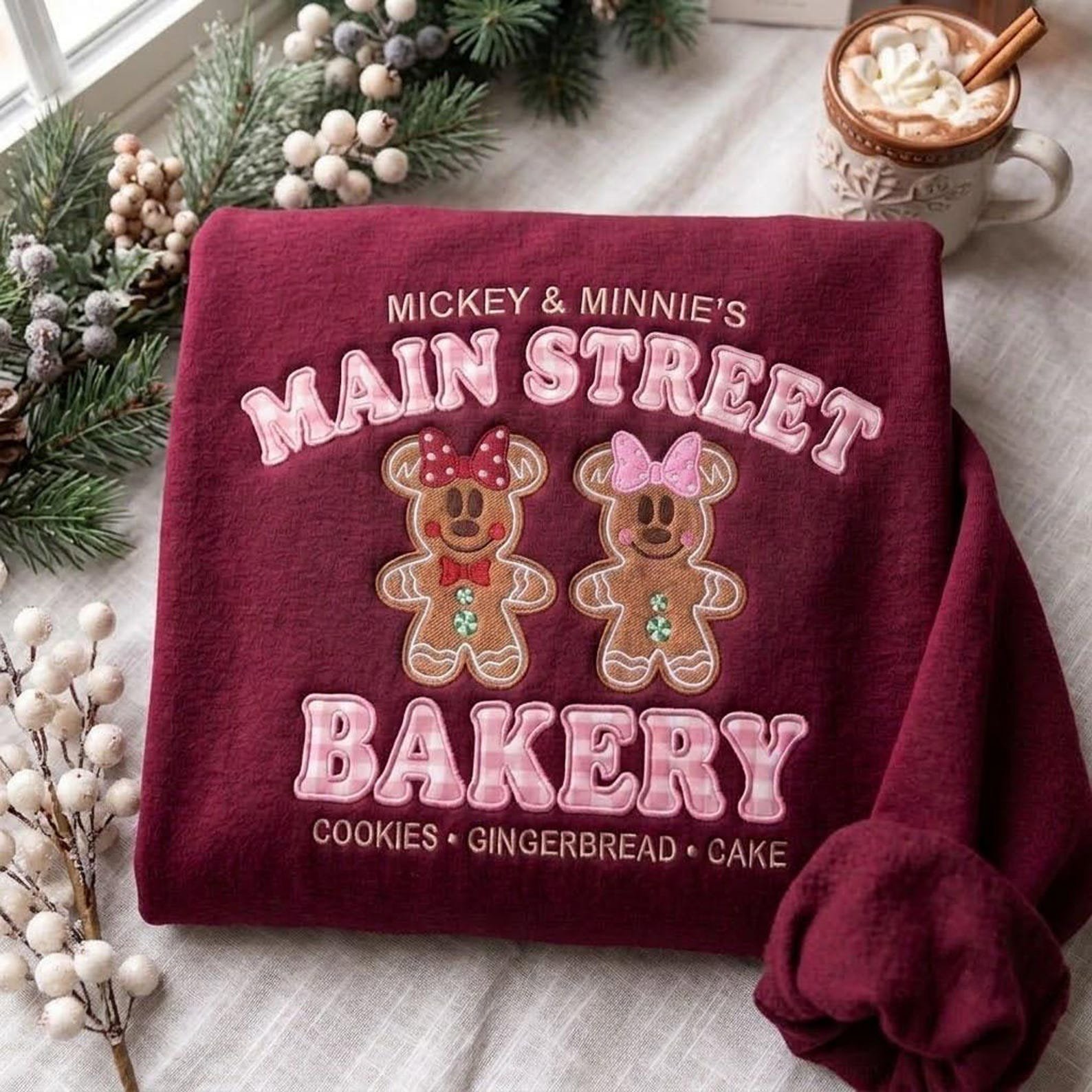 Gingerbread Mouse Applique Christmas Sweatshirt, Main Street Bakery Holiday Crewneck, Festive Cookie Baking Sweater 3