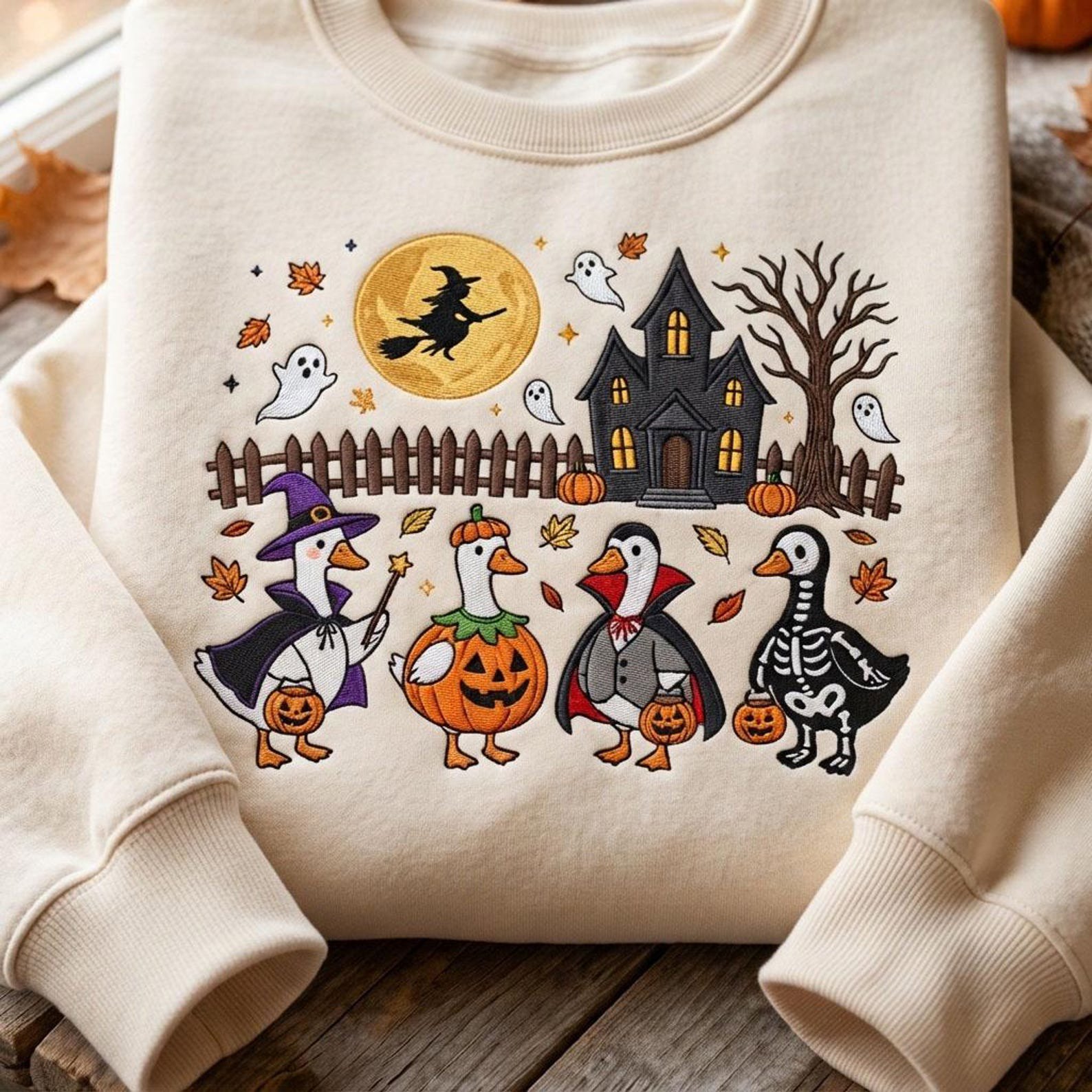 Spooky Goose Sweatshirt, Embroidered Halloween Crewneck, Witch Pumpkin Vampire Skeleton Goose Design, Cute Trick or Treat Fall Gift 2