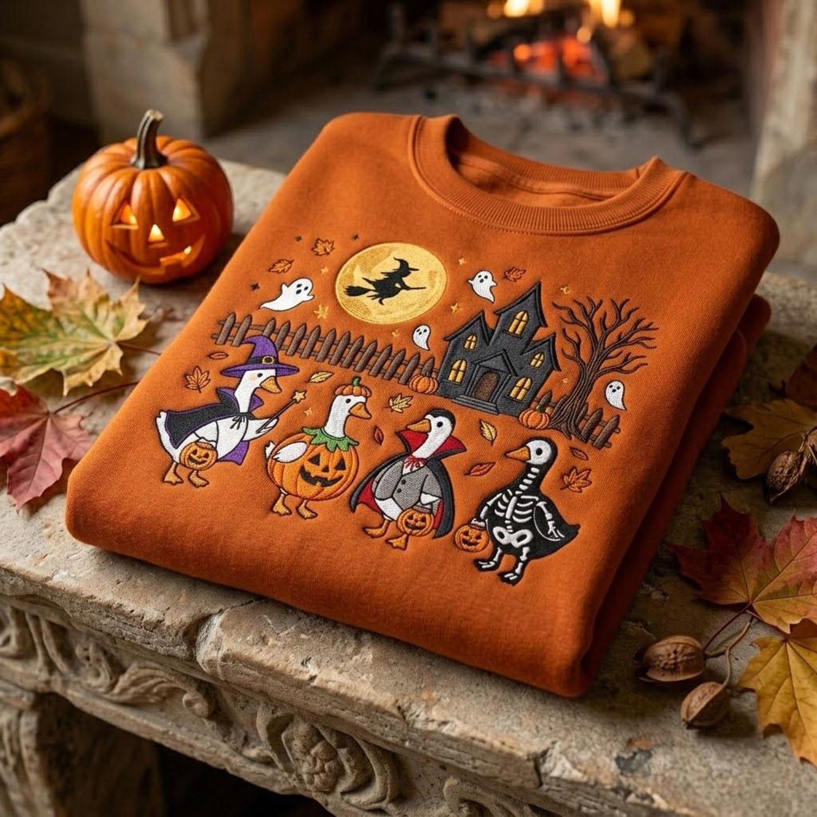 Spooky Goose Sweatshirt, Embroidered Halloween Crewneck, Witch Pumpkin Vampire Skeleton Goose Design, Cute Trick or Treat Fall Gift 1