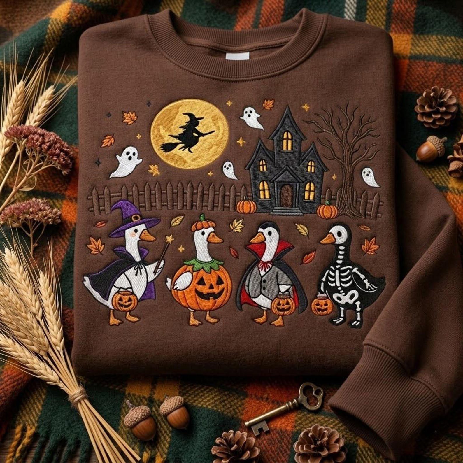 Spooky Goose Sweatshirt, Embroidered Halloween Crewneck, Witch Pumpkin Vampire Skeleton Goose Design, Cute Trick or Treat Fall Gift 3