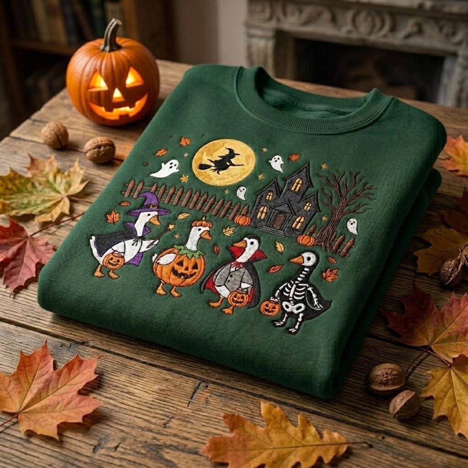 Spooky Goose Sweatshirt, Embroidered Halloween Crewneck, Witch Pumpkin Vampire Skeleton Goose Design, Cute Trick or Treat Fall Gift 4