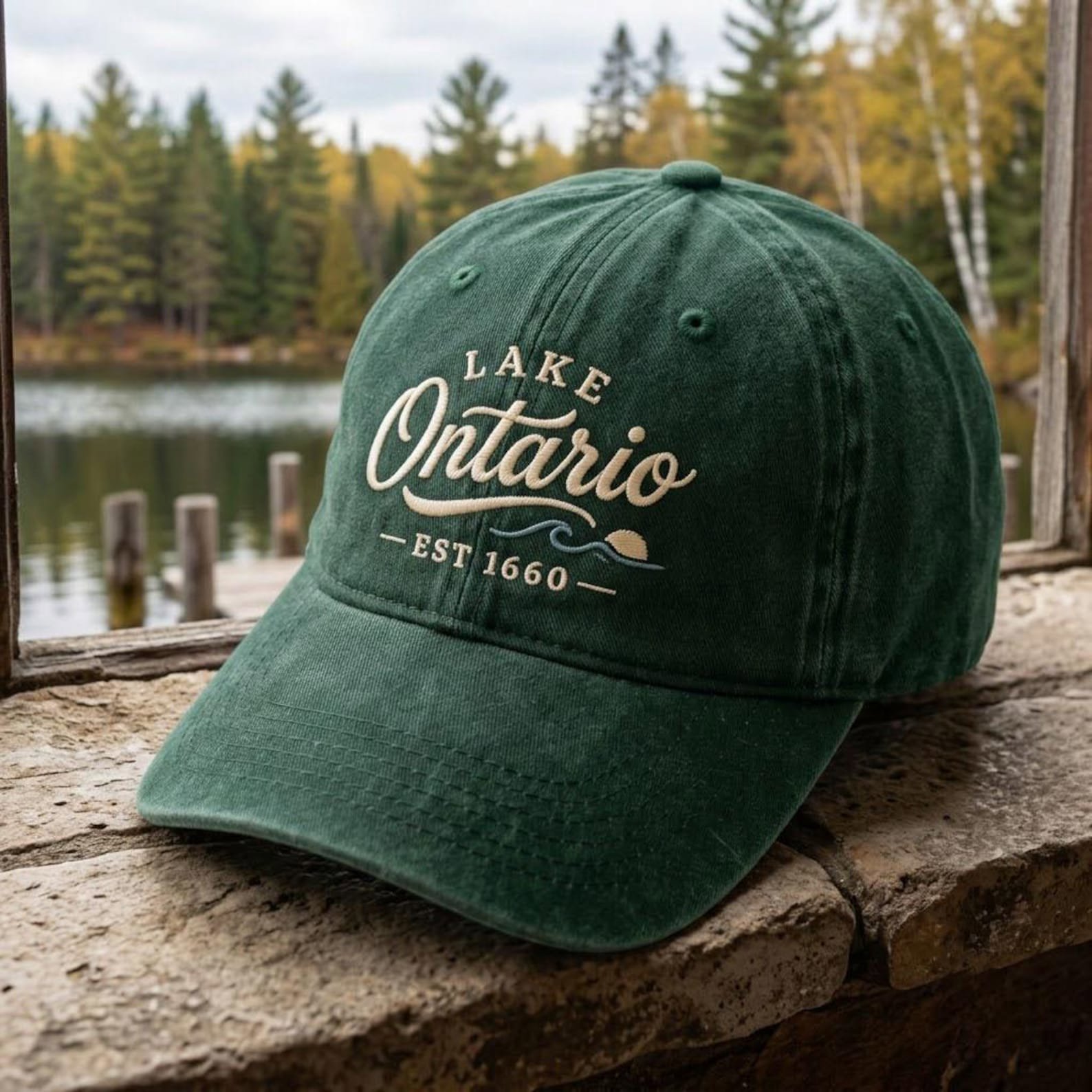 Lake Ontario Embroidered Washed Hat, Vintage Great Lakes Dad Cap, Ontario Lake Life Hat, Boating Vacation Lake House Souvenir Gift 1